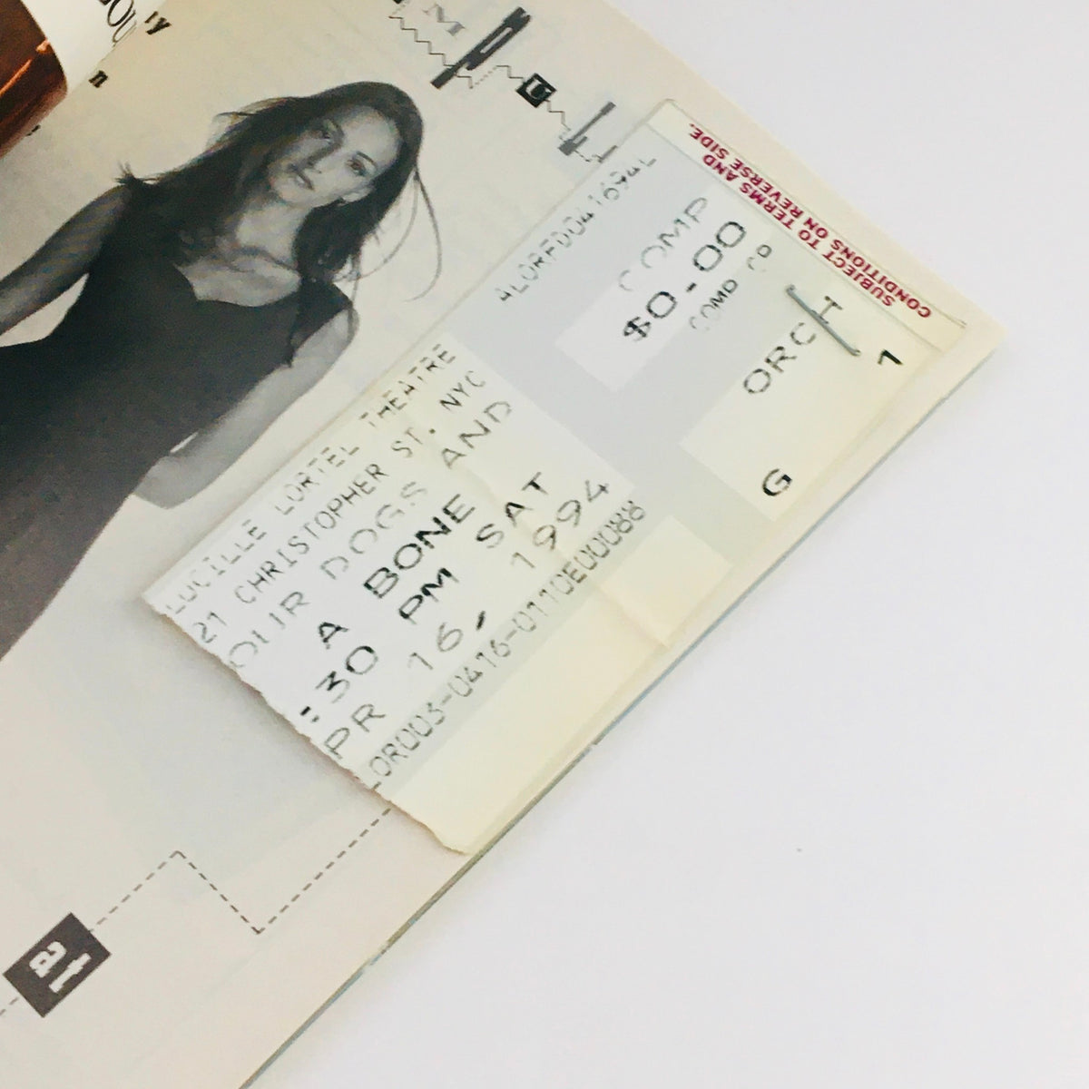 Inside the 1994 Playbill for Four Dogs and a Bone featuring original ticket stubs from the performance at Lucille Lortel Theatre.