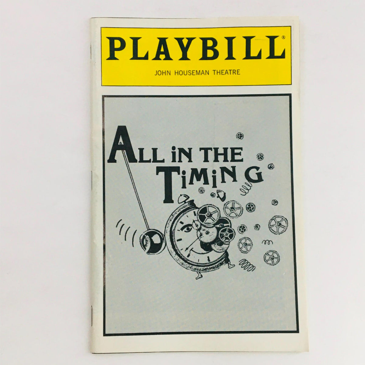 1994 Playbill for 'All In The Timing' by David Ives at John Houseman Theatre, featuring a unique design with clocks and gears, capturing the essence of the theatrical performance.
