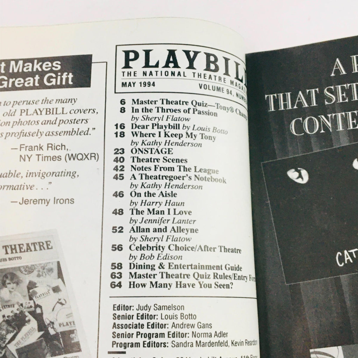 Contents page of the May 1994 Playbill including articles and features relevant to theatrical performances.