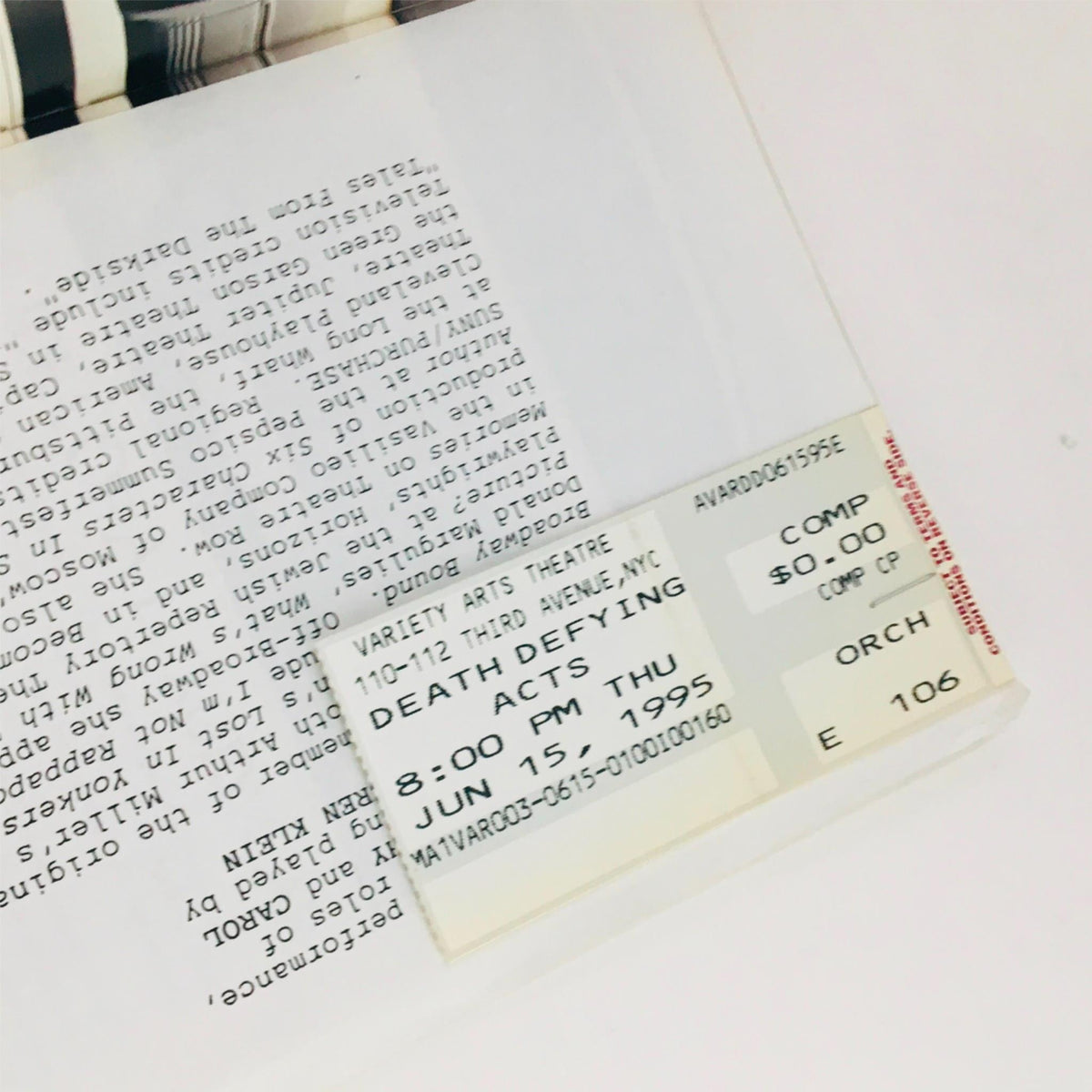 Original ticket for 1995 Death Defying Acts at Variety Arts Theatre, dated June 15, showcasing its collectible nature.