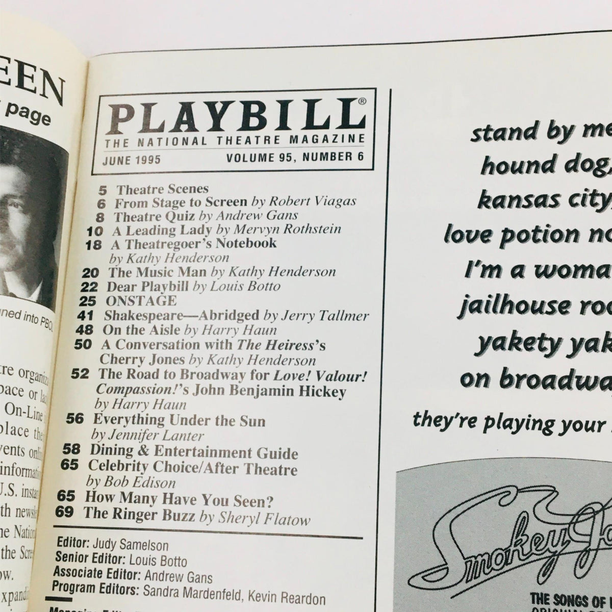 Inside page of the June 1995 Playbill featuring articles and theater scenes, highlighting the 1995 Playbill for Death Defying Acts directed by Michael Blakemore.