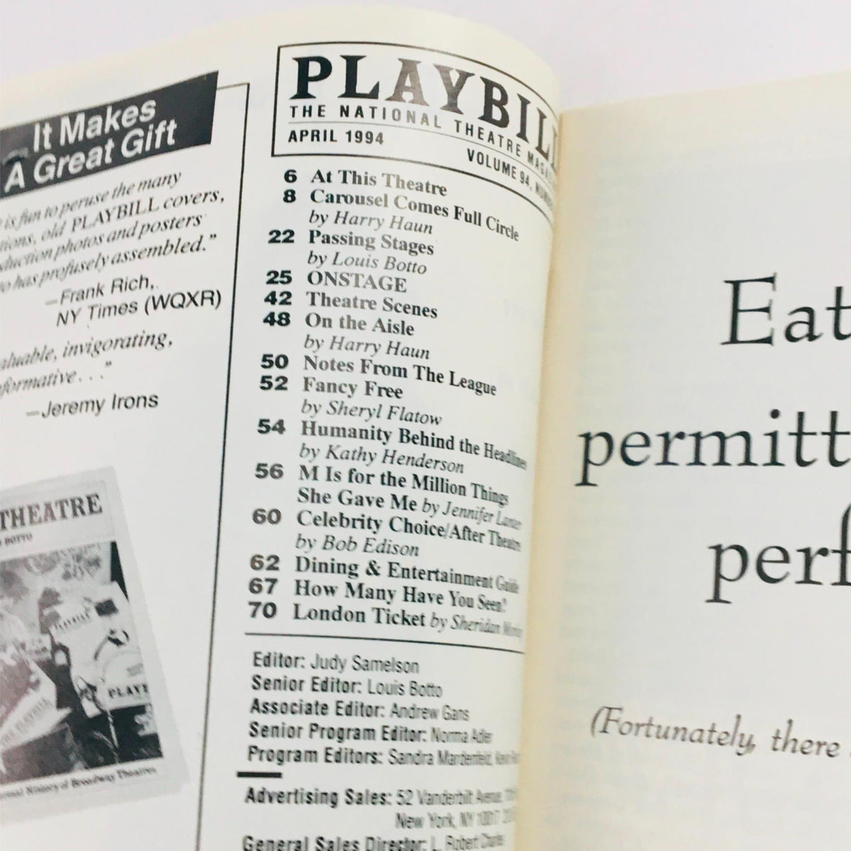 Interior page of a 1994 Playbill showcasing theater listings and features including The Rise and Fall of Little Voice.