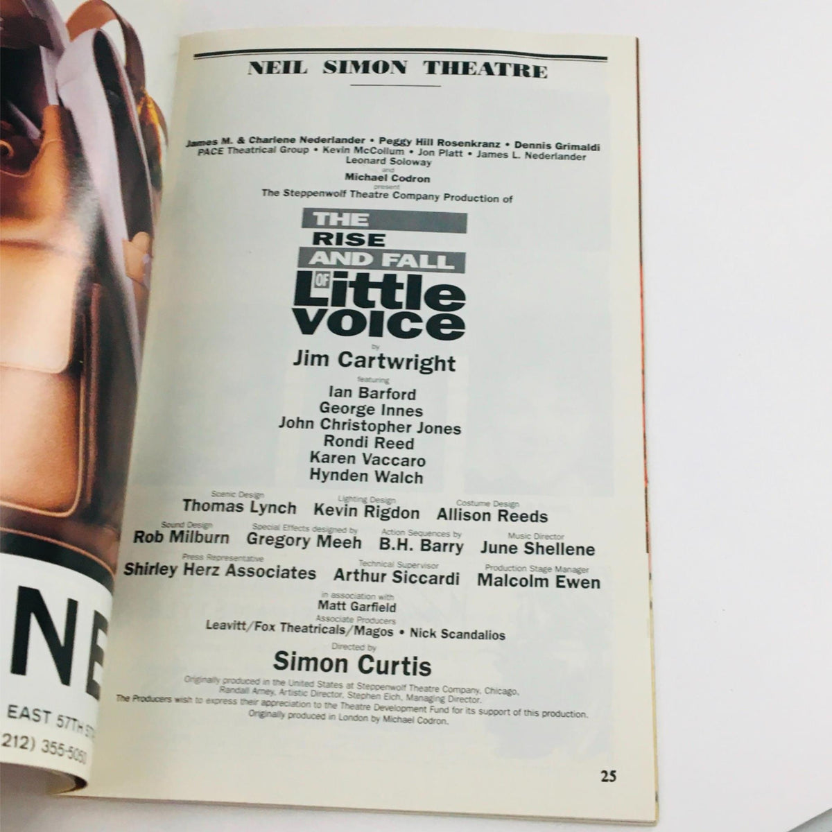 Page from the 1994 Playbill for The Rise and Fall of Little Voice, highlighting the show's cast and production credits at Neil Simon Theatre.