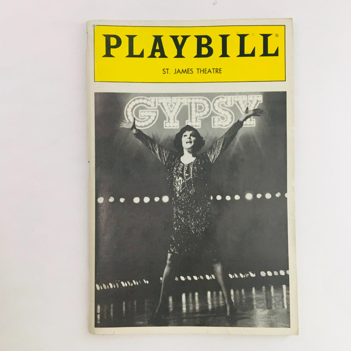 1990 Playbill for Gypsy by Arthur Laurents featuring a dramatic black and white photo of a performer at St. James Theatre.