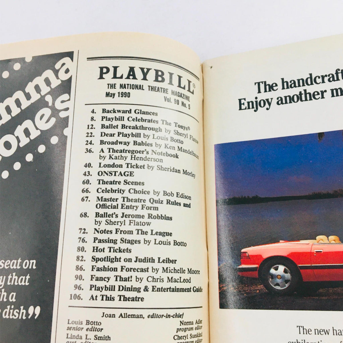 Interior page of the 1990 Playbill for Gypsy by Arthur Laurents, highlighting contents and features of the National Theatre Magazine.