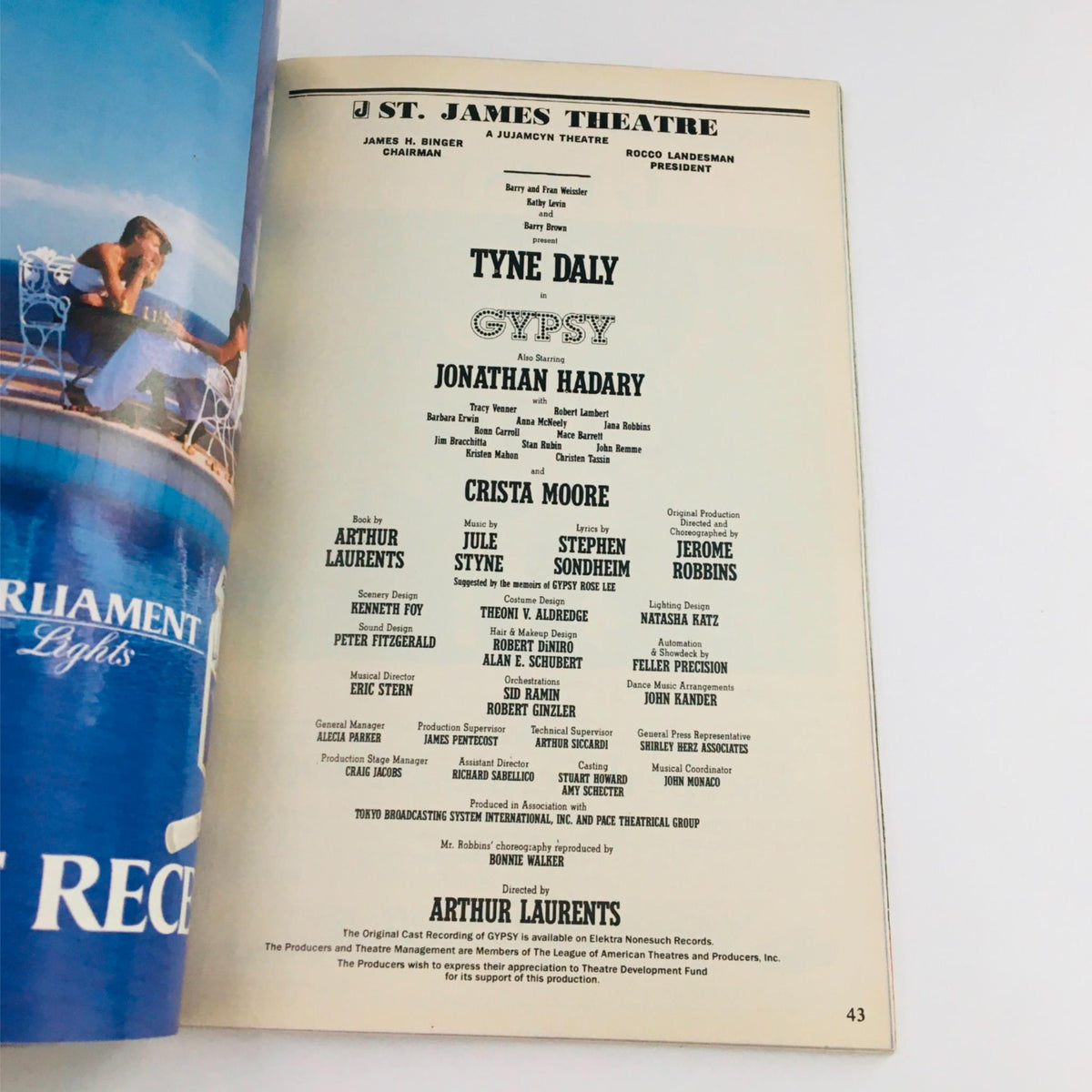 Back cover of the 1990 Playbill for Gypsy by Arthur Laurents, listing cast and crew details at St. James Theatre.