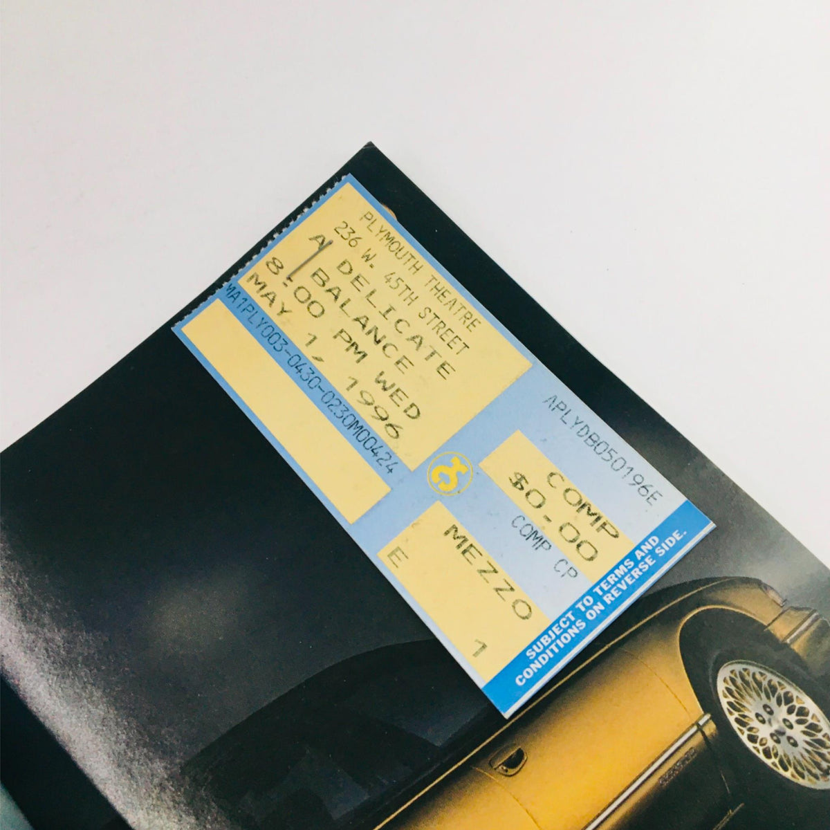 1996 Playbill ticket for 'A Delicate Balance' at Plymouth Theatre, dated May 10, 1996, showcasing original ticket details.