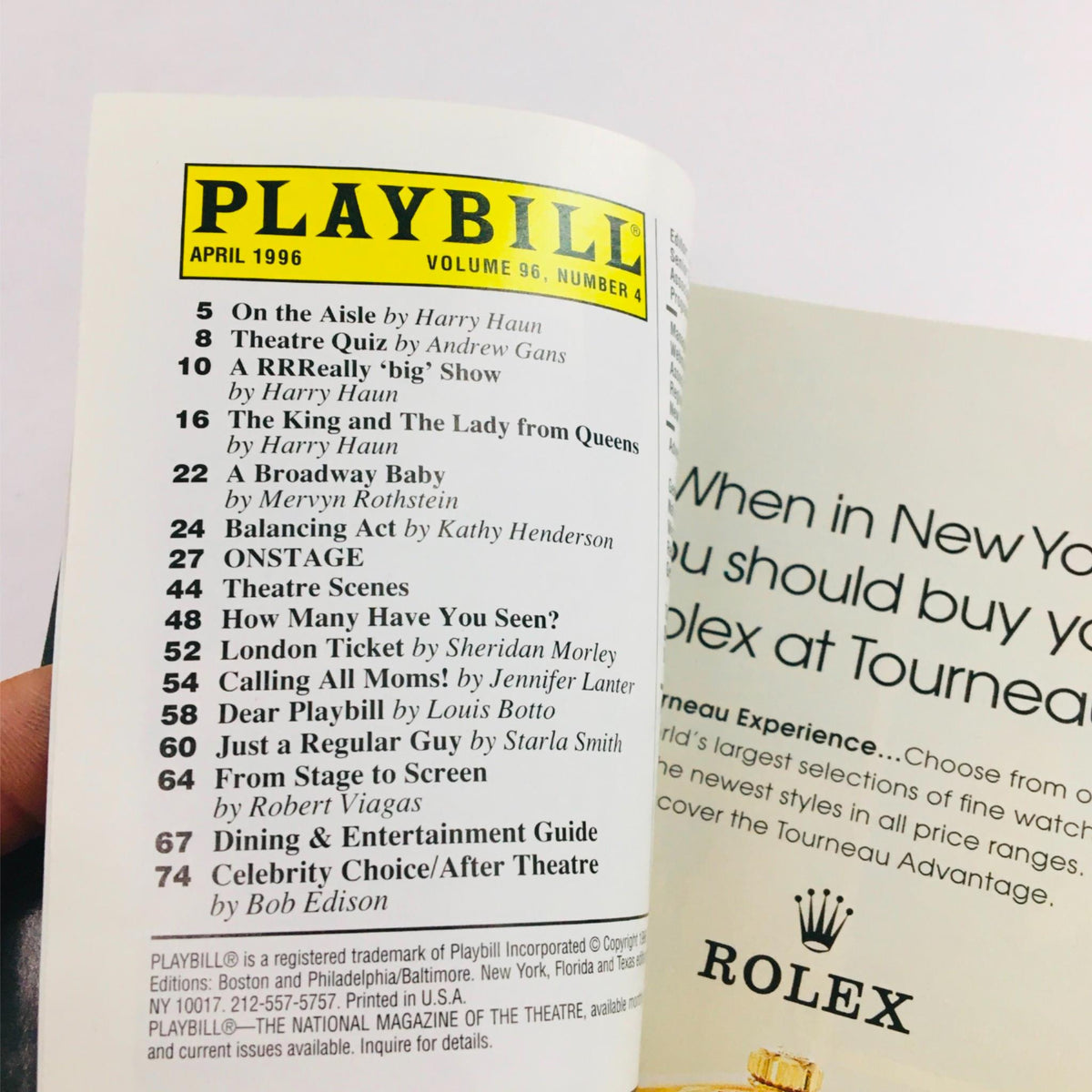 Playbill for April 1996 featuring various theater productions and advertisements including Rolex. This Playbill highlights the theatrical landscape of the time, including a segment for the production of "A Delicate Balance".