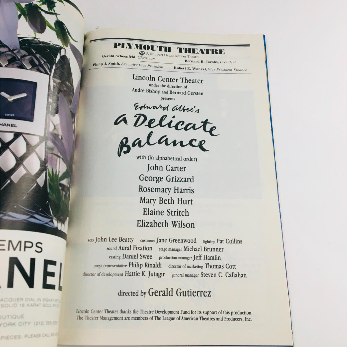 Inside view of the Plymouth Theatre's Playbill showcasing the cast of Edward Albee's "A Delicate Balance," directed by Gerald Gutierrez. The page lists the names of prominent actors and the creative team associated with the production.