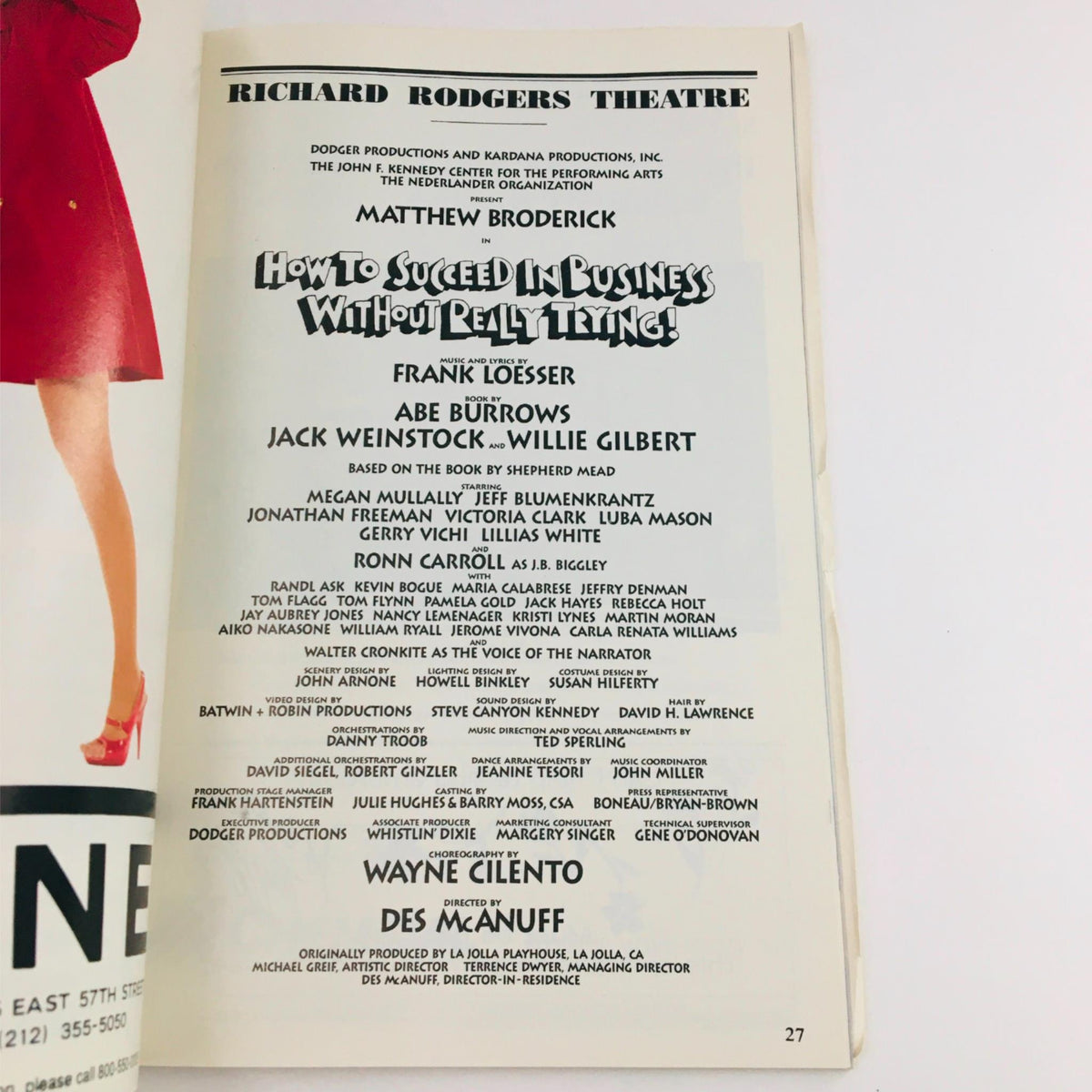 Inside page of the 1995 Playbill 'How To Succeed In Business Without Really Trying' directed by Des McAnuff at Richard Rodgers Theatre, featuring cast and crew details.