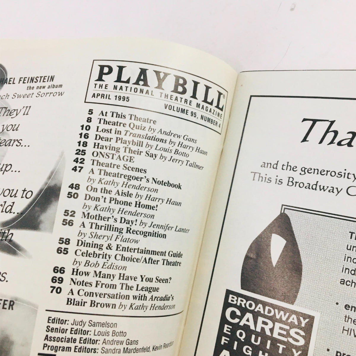 Contents page of 1995 Playbill for My Thing of Love, highlighting various theatre-related articles and features.