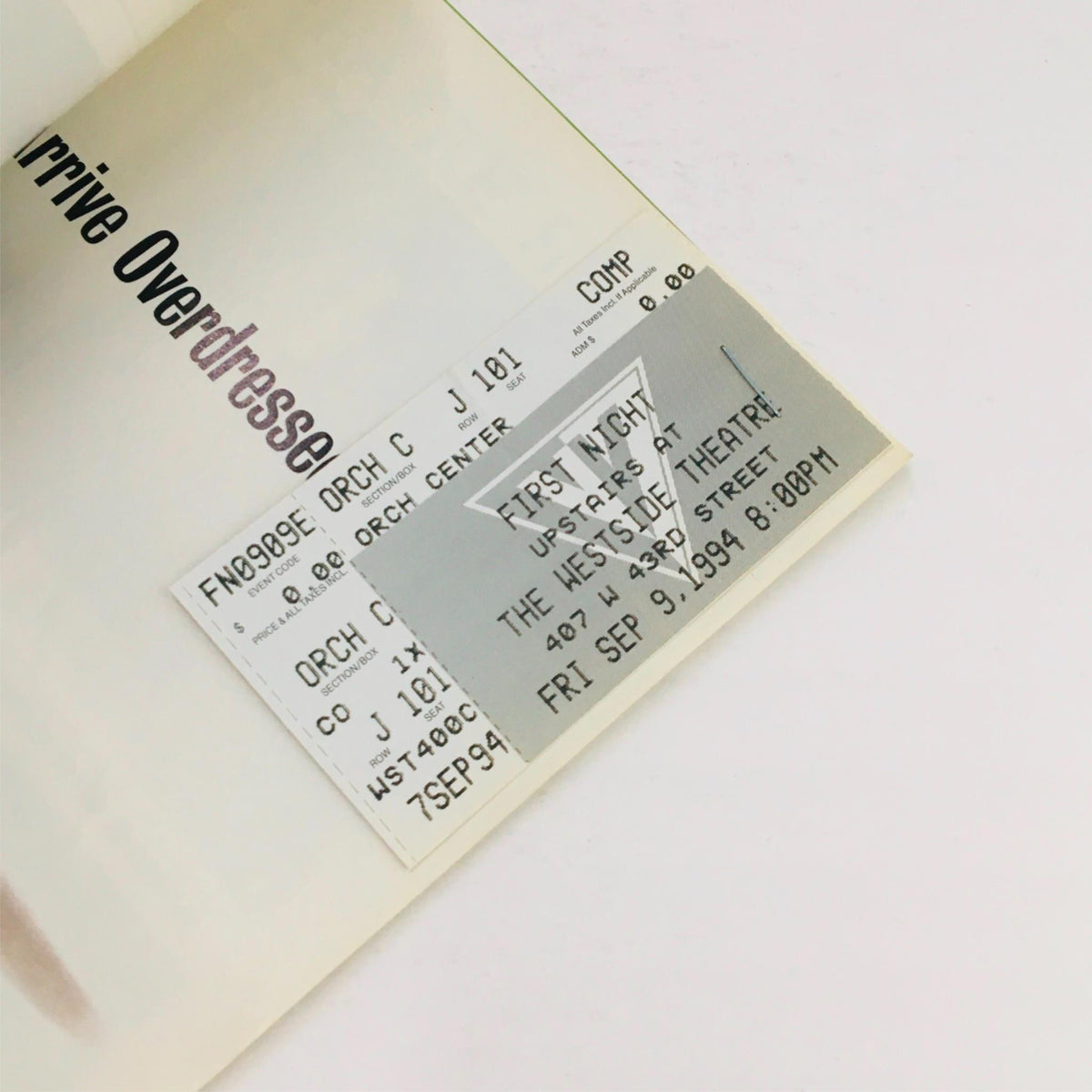 Original ticket for the 1994 Playbill 'First Night' held at Westside Theatre, dated September 9, 1994.