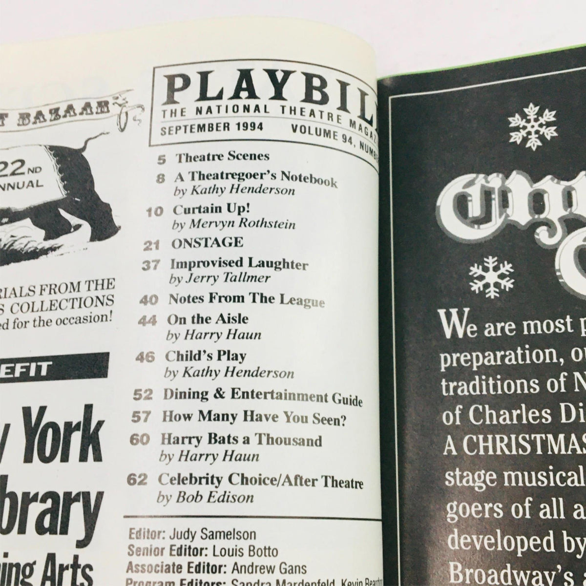 Contents page of the September 1994 Playbill, showcasing articles and features related to theater, including titles and authors.