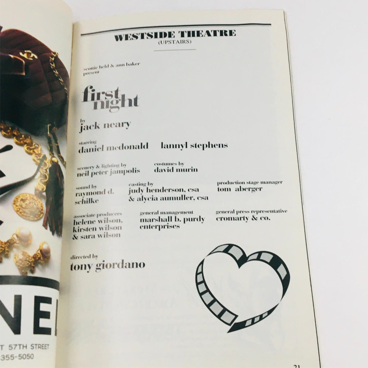 Credits page from the 1994 Playbill for 'First Night,' detailing production staff, cast, and creative team at Westside Theatre.