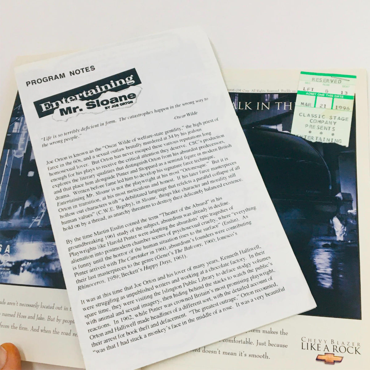 Interior of the 1996 Playbill for Entertaining Mr. Sloane, including program notes and a visual reference from the production.