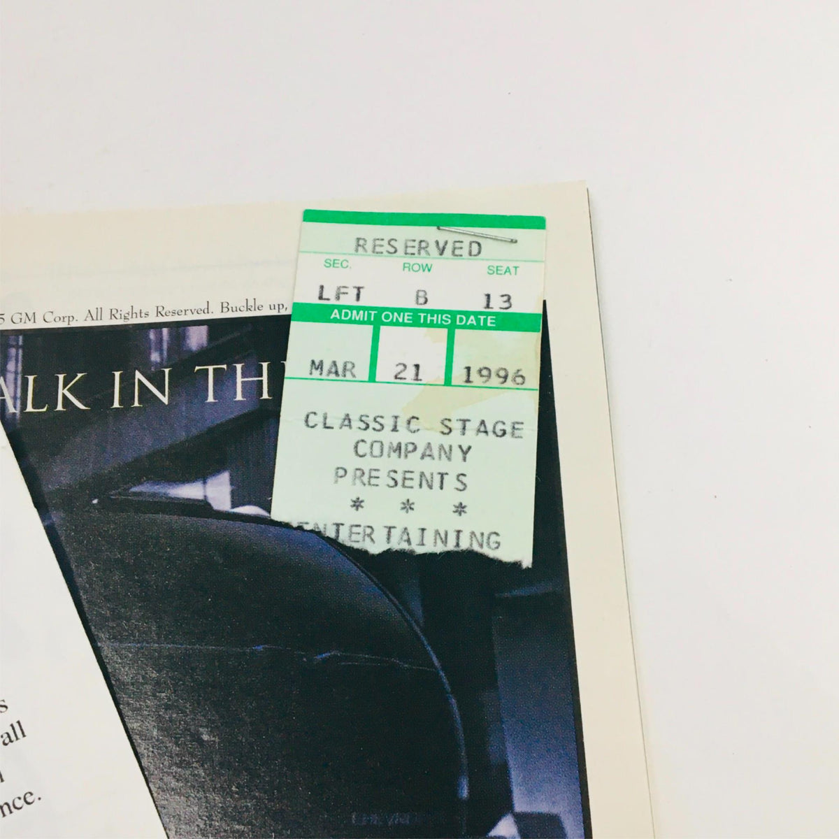 Original ticket from the 1996 production of Entertaining Mr. Sloane at Classic Stage Company, dated March 21, 1996.