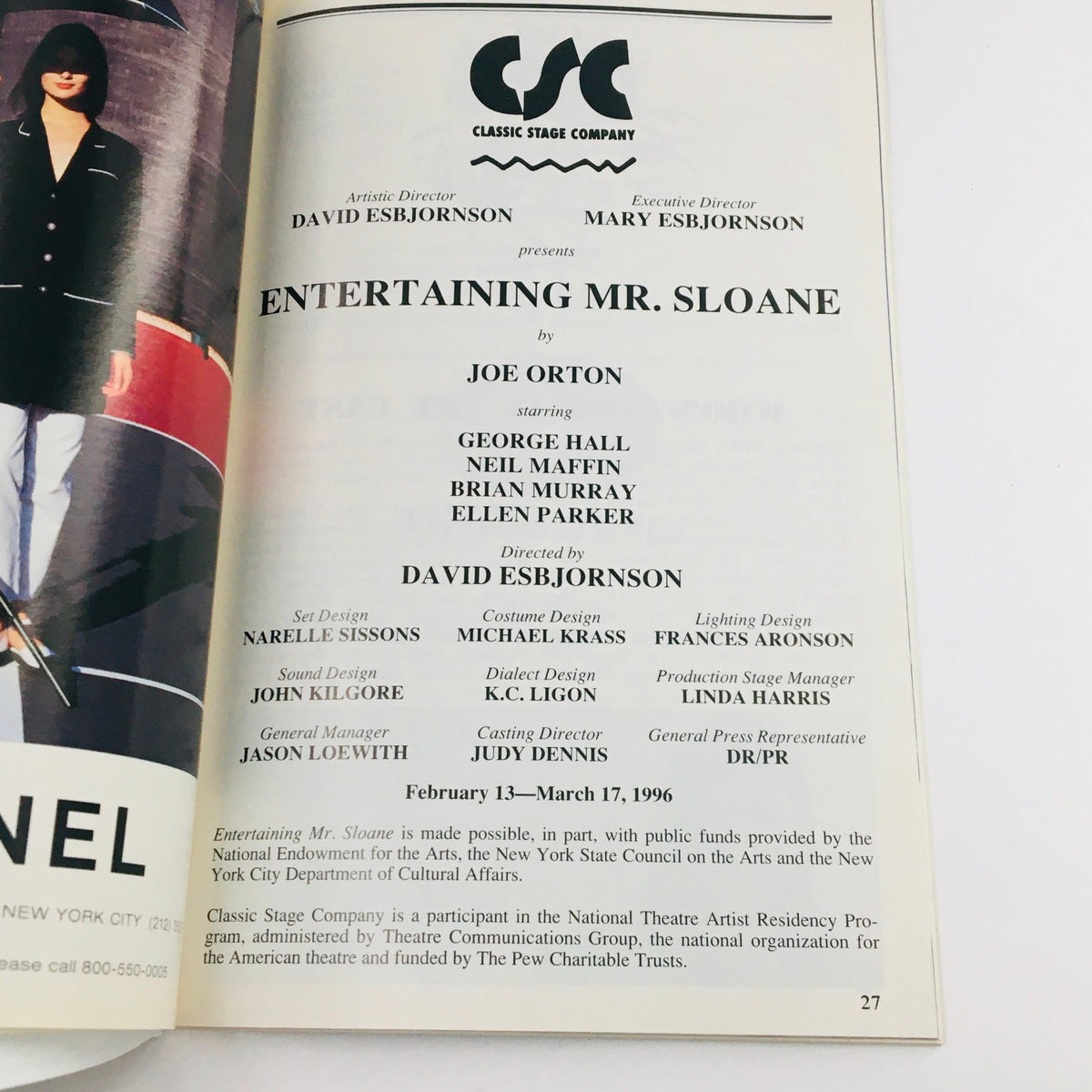 Details page of the 1996 Playbill for Entertaining Mr. Sloane by Joe Orton, listing production credits and cast information.