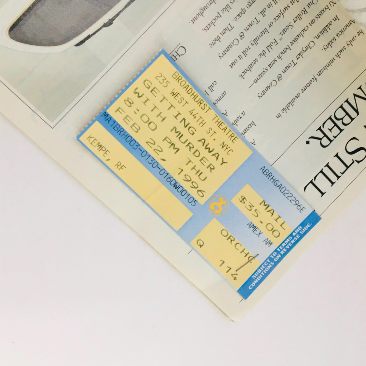 Original ticket for the 1996 show Getting Away With Murder at Broadhurst Theatre, showcasing the date and seating details.