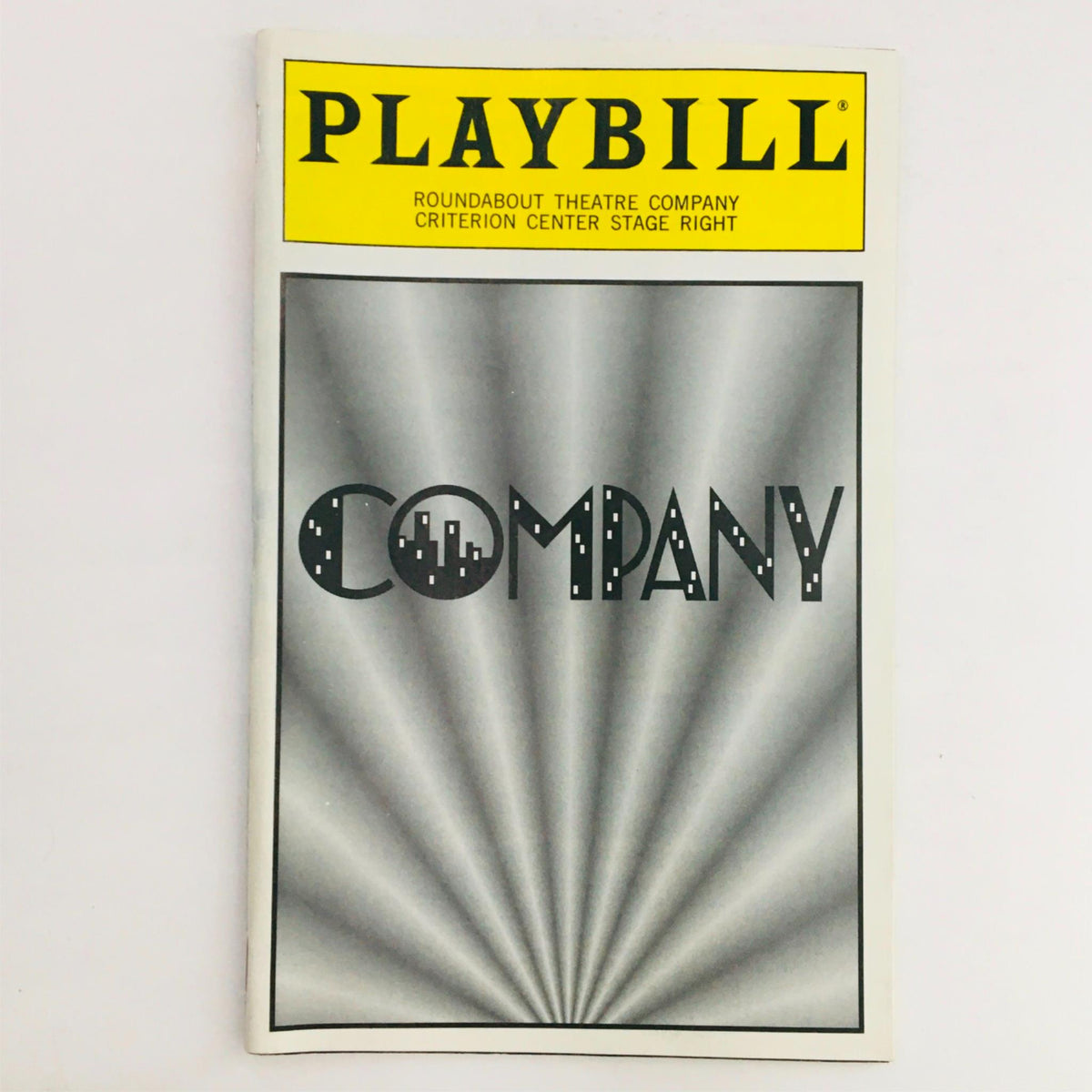 Front cover of the 1995 Playbill for 'Company' directed by Scott Ellis, featuring stylized title design and showcasing the production at Criterion Center Stage Right.