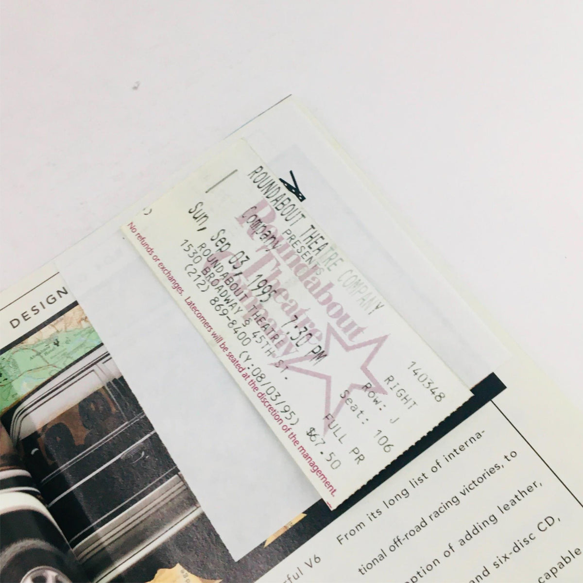 Inside view of the 1995 Playbill for 'Company' showing original ticket from the Roundabout Theatre Company performance at Criterion Center Stage Right.