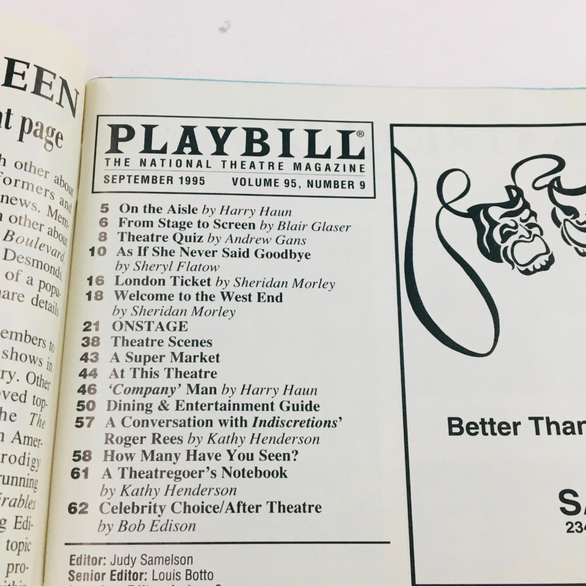 Table of contents from the September 1995 issue of Playbill, volume 95, number 9, featuring articles and details about theatre productions including 'Company'.