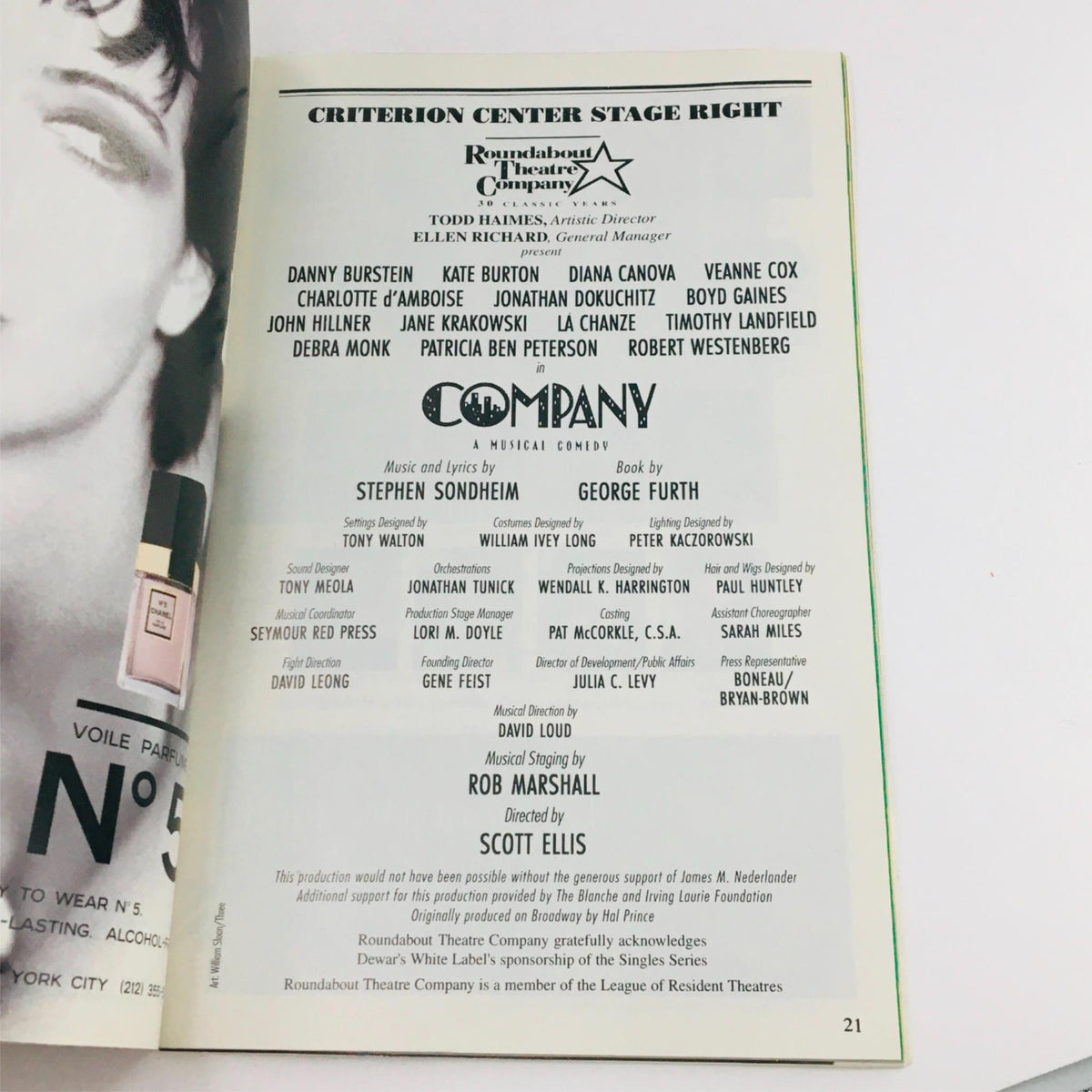 Credits and cast listing page from the 1995 Playbill for 'Company' directed by Scott Ellis, detailing musical contributions and production team for the show.