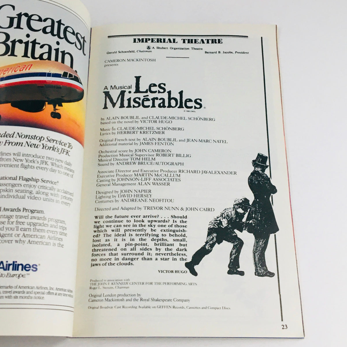 Page from the 1994 Playbill Les Miserables by Cameron Mackintosh with details about the production at the Imperial Theatre.