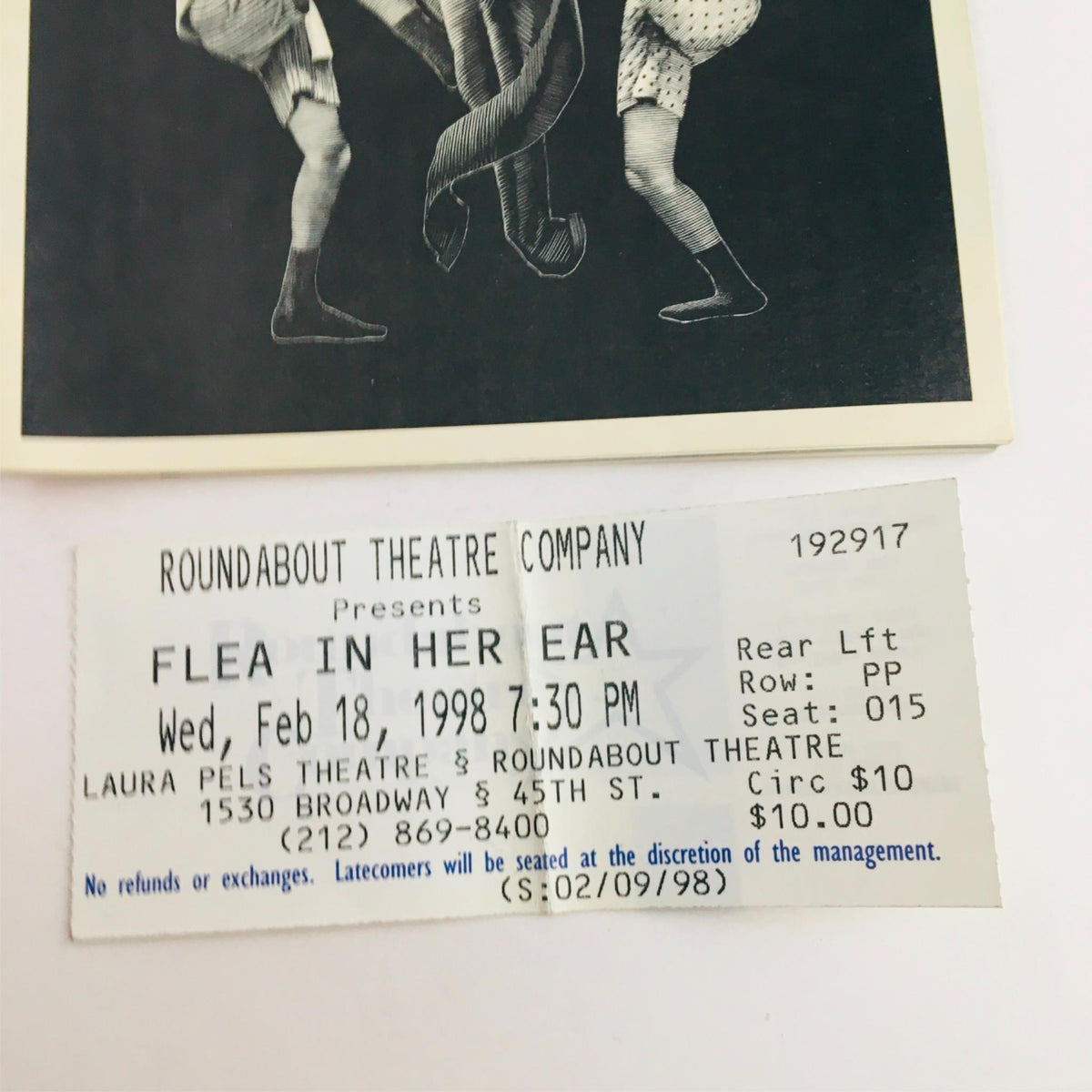 Close-up of the original ticket for 'A Flea In Her Ear', dated February 18, 1998, at the Criterion Center Laura Pels Theatre.