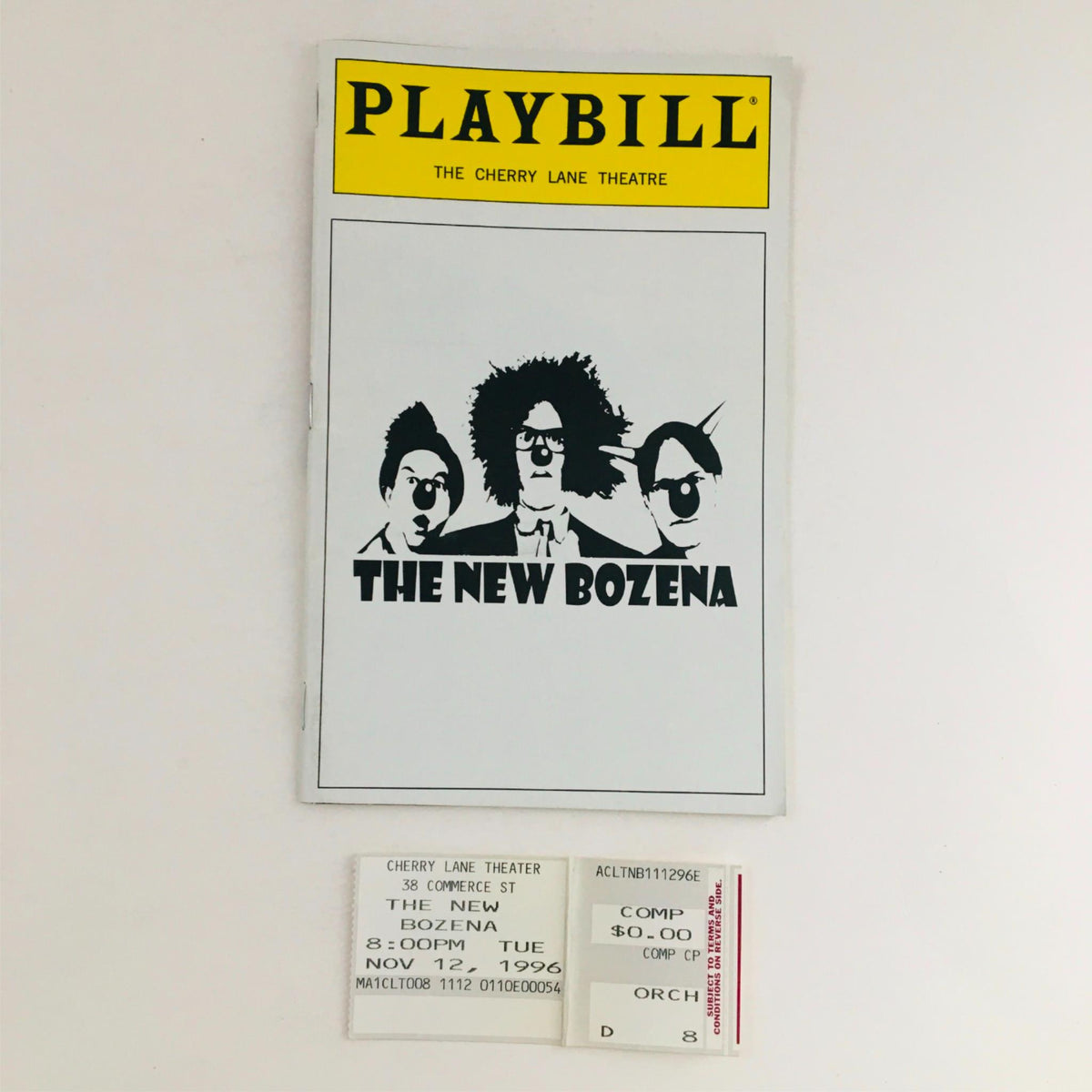 1996 Playbill The New Bozena by Rainn Wilson at Cherry Lane Theatre featuring the cover design and original performance tickets.