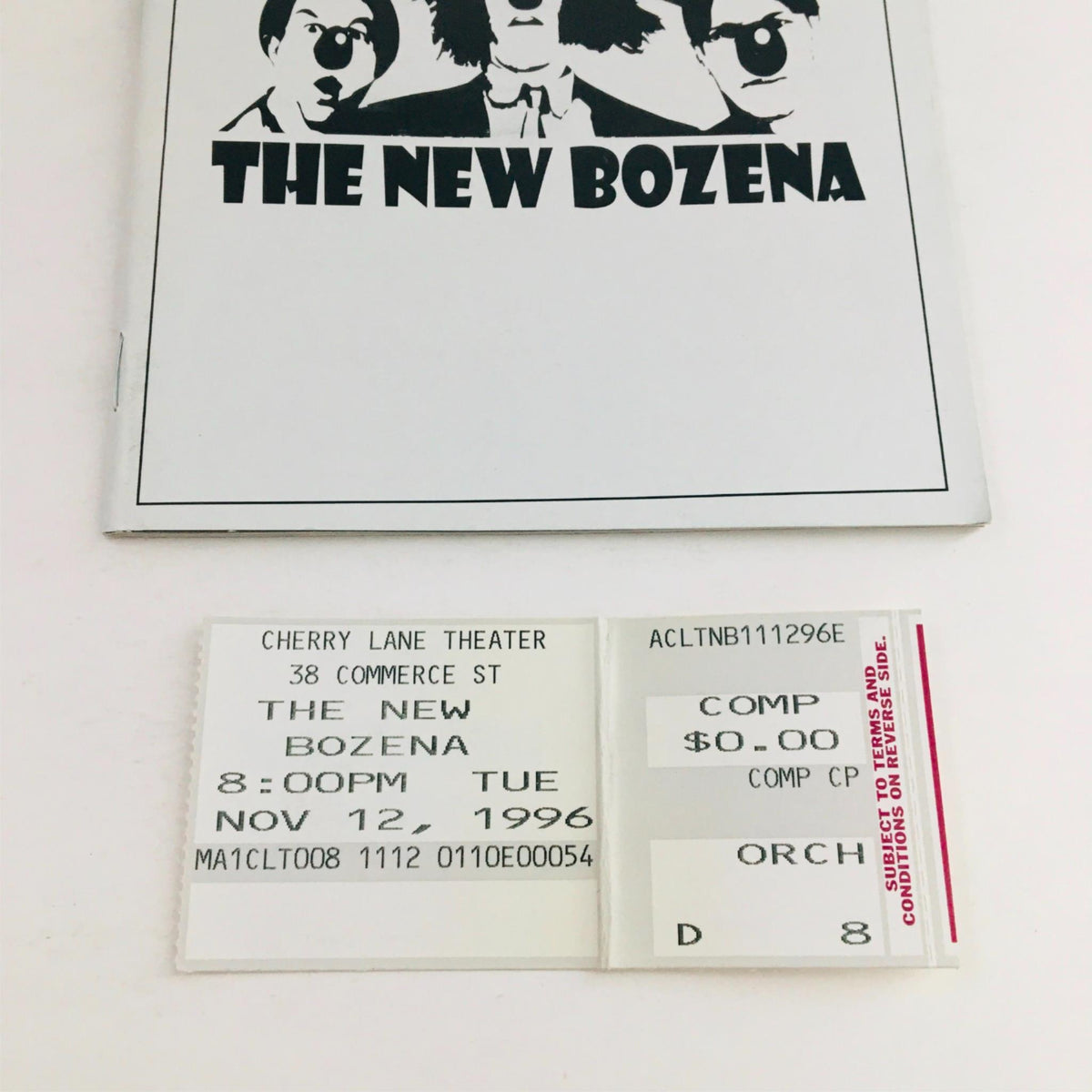 1996 Playbill The New Bozena by Rainn Wilson showing the details of the performance ticket alongside the Playbill.