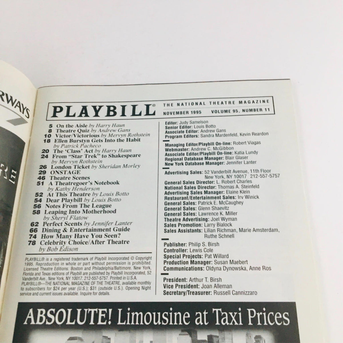 1995 Playbill The School For Scandal showcasing the magazine’s contents page, highlighting various performances from November 1995.