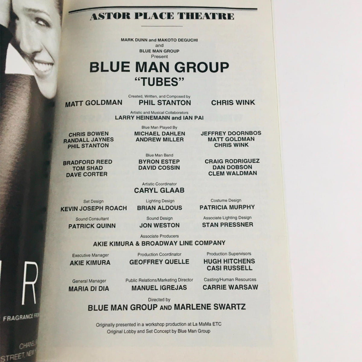 Details page of the 1996 Playbill Tubes by Blue Man Group, featuring credits for the production and cast list at Astor Place Theatre.
