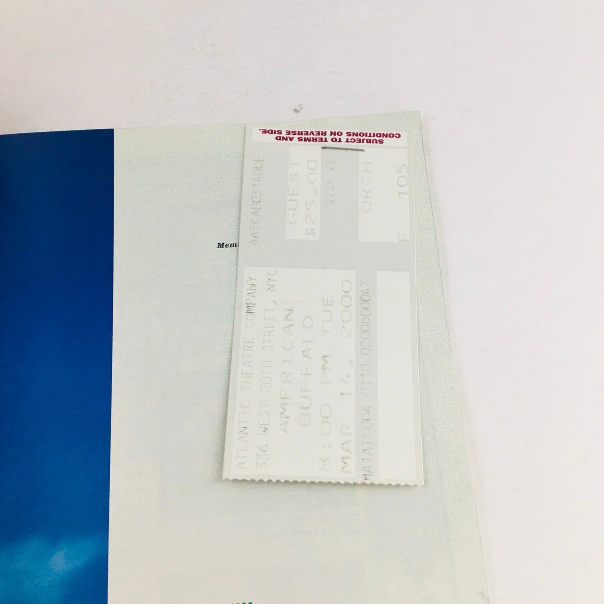 Original ticket for the 2000 production of American Buffalo by David Mamet at the Atlantic Theatre Company, dated March 2000, illustrating collectible theatre memorabilia.