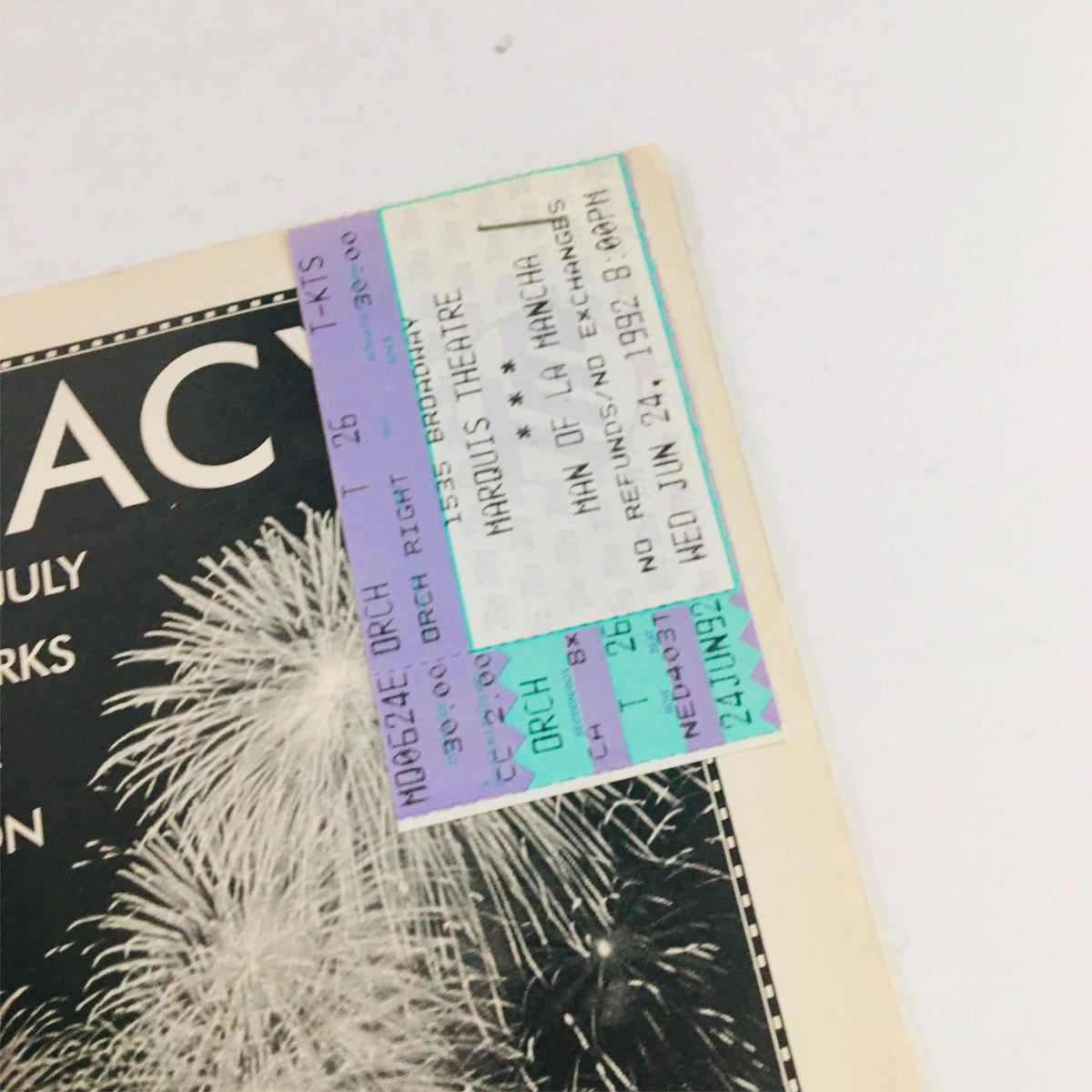 1992 Playbill for Man of La Mancha showing original ticket stubs attached, from Marquis Theatre.