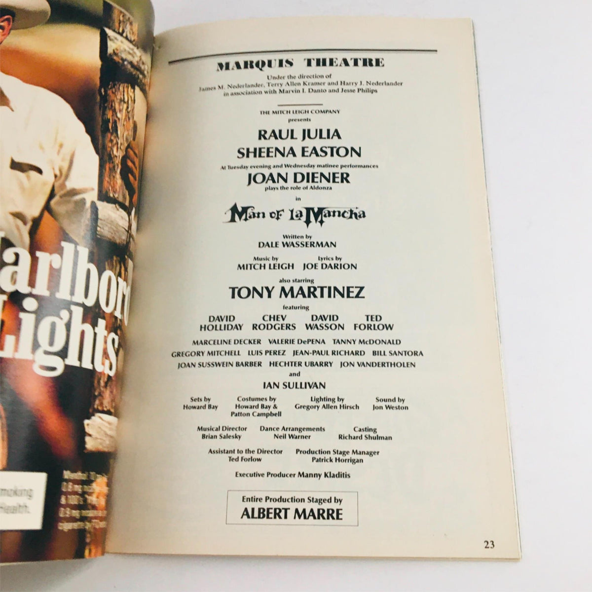 Interior page of the 1992 Playbill for Man of La Mancha featuring cast and crew credits, presented at Marquis Theatre.