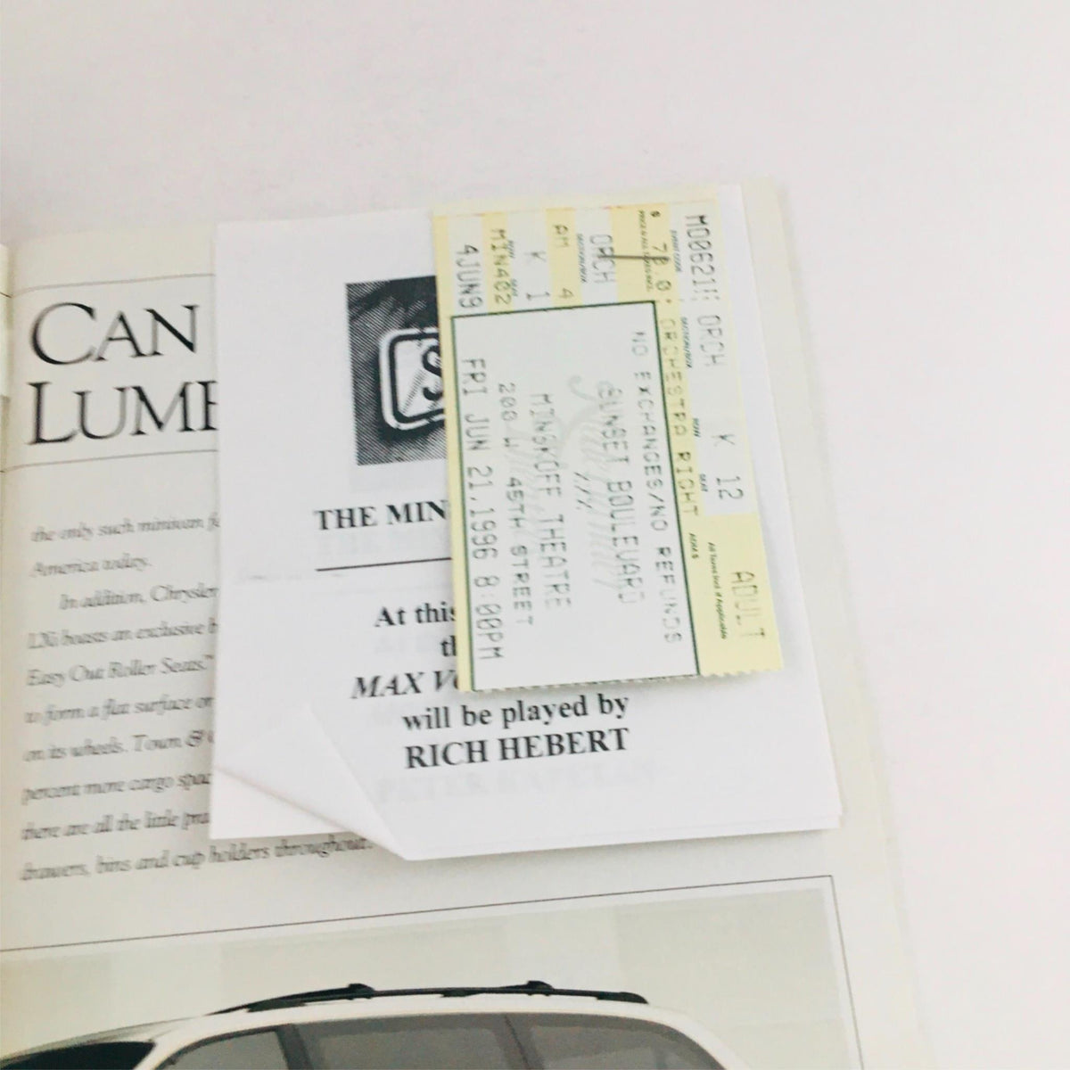 Original tickets stapled to the 1996 Playbill for Sunset Blvd. by James Nederlander at Minskoff Theatre, showcasing Broadway memorabilia.