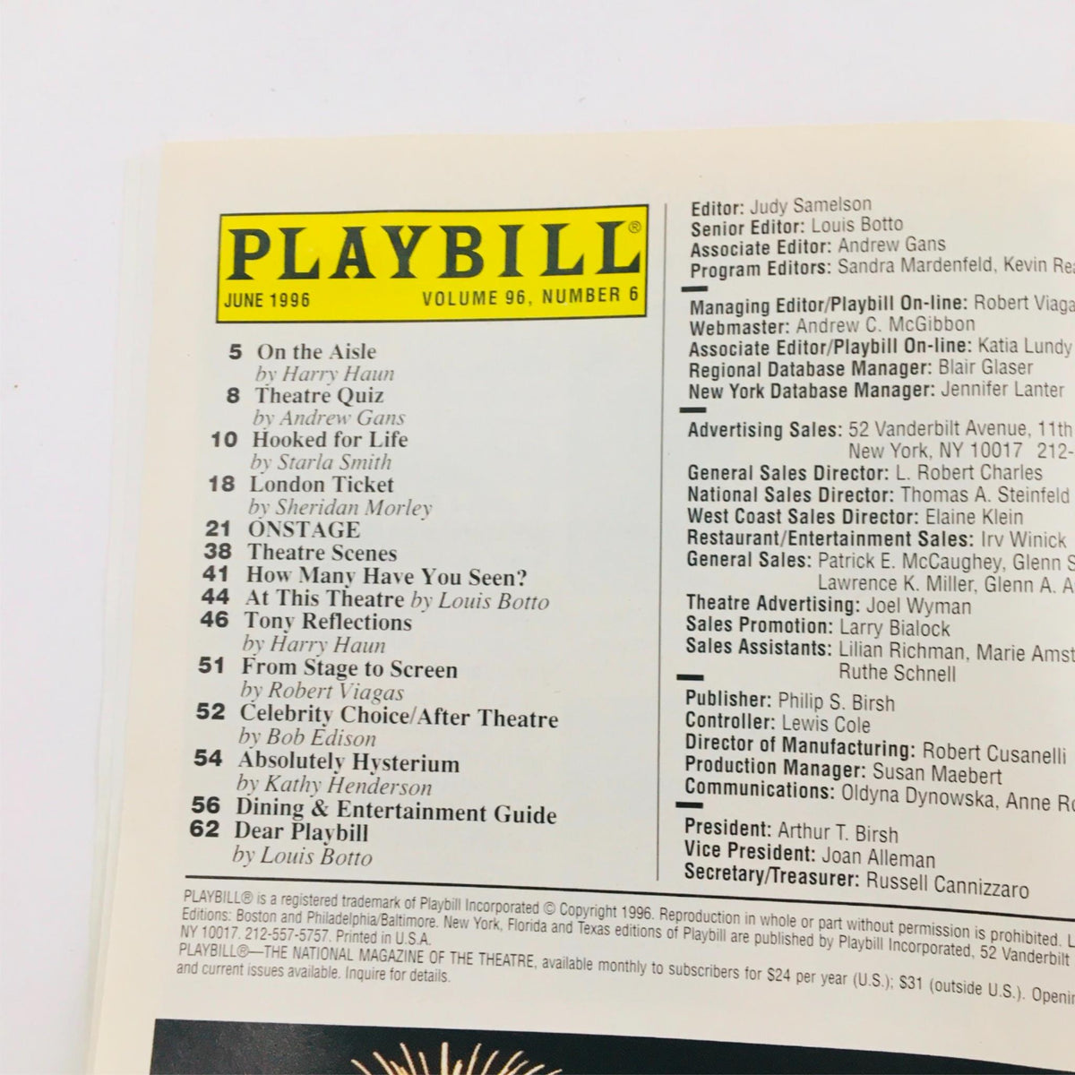 Inside page of the June 1996 Playbill for Sunset Blvd. by James Nederlander at Minskoff Theatre, featuring a list of upcoming performances and cast details.