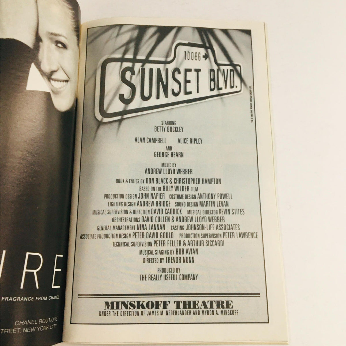 Featured page from the 1996 Playbill for Sunset Blvd. by James Nederlander at Minskoff Theatre, highlighting the main cast and production details.