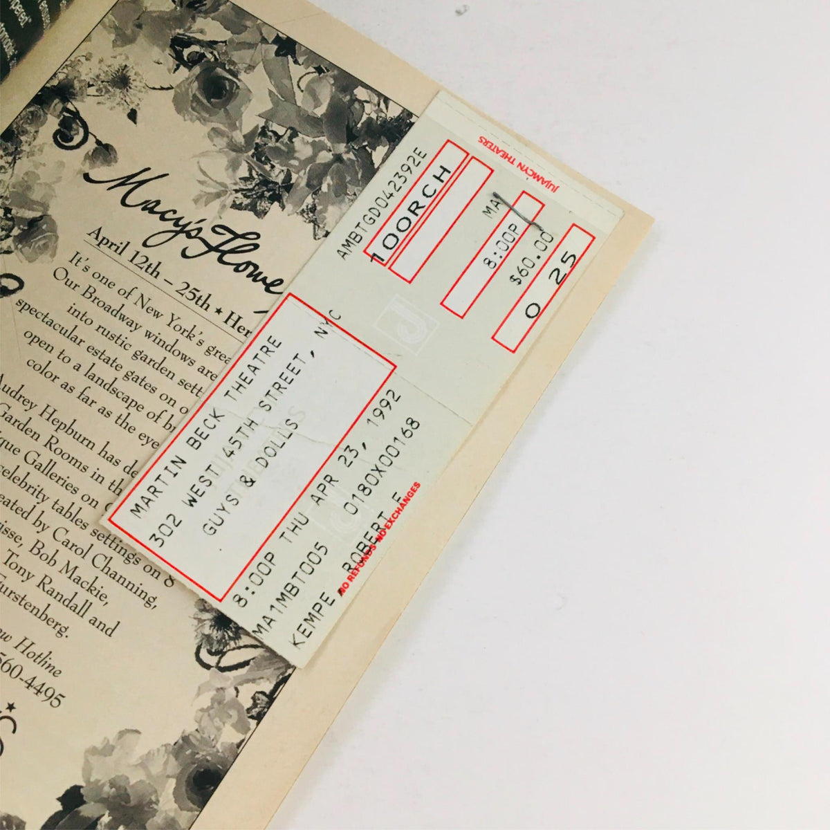 Ticket stub from the 1992 Playbill Guys and Dolls at Jerry Zaks at Martin Beck Theatre, featuring details of the performance including date and price.
