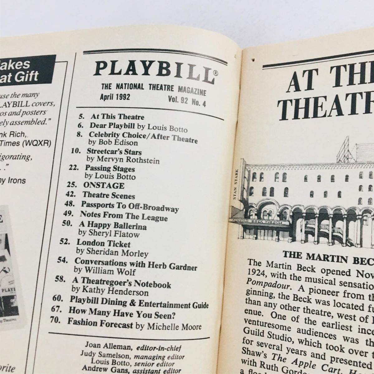 Interior page of the April 1992 Playbill Guys and Dolls, highlighting the contents and features of the publication from the National Theatre Magazine.