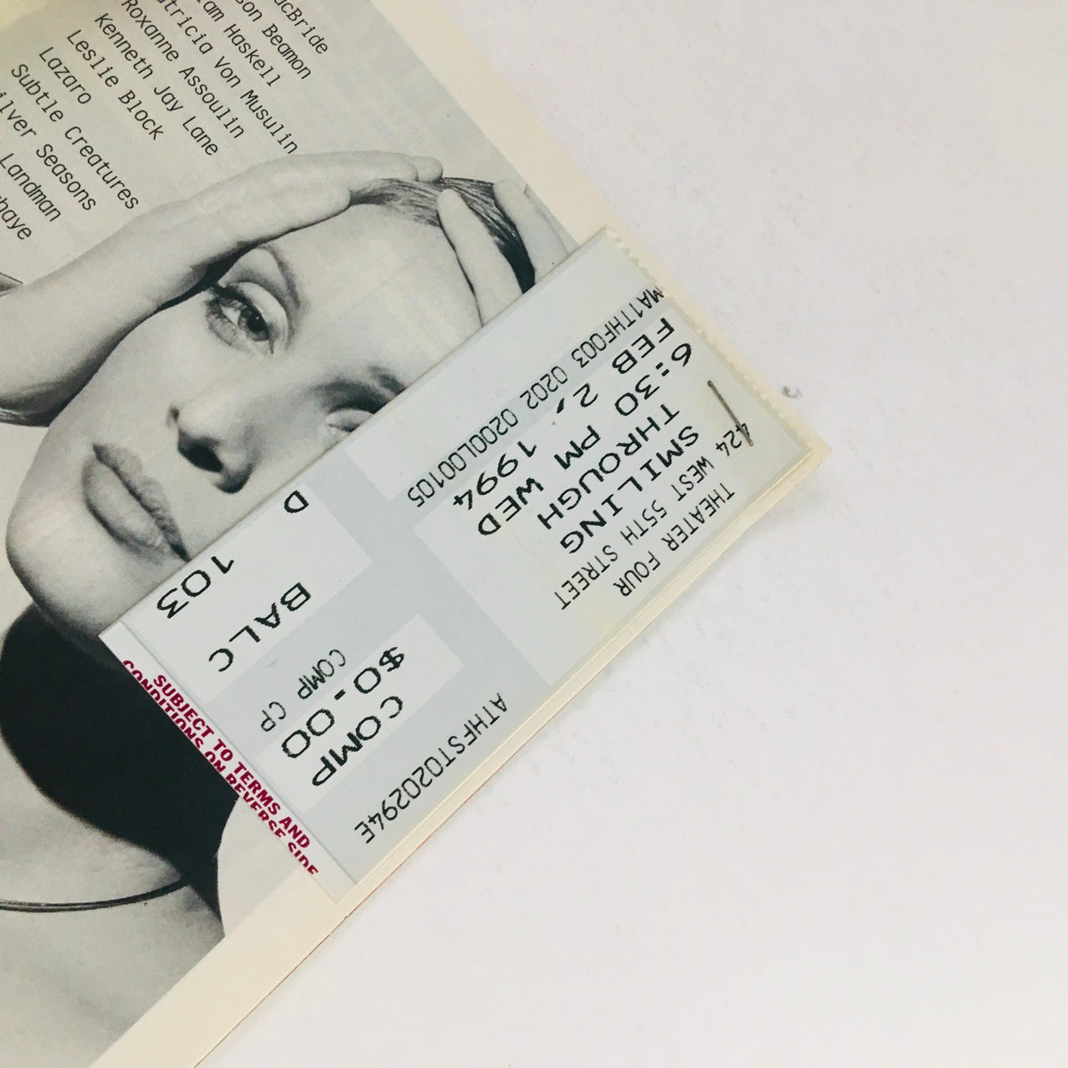 Ticket stub from the 1994 Playbill Smiling Through, dated February 6, 1994, with a close-up of an actress's face.