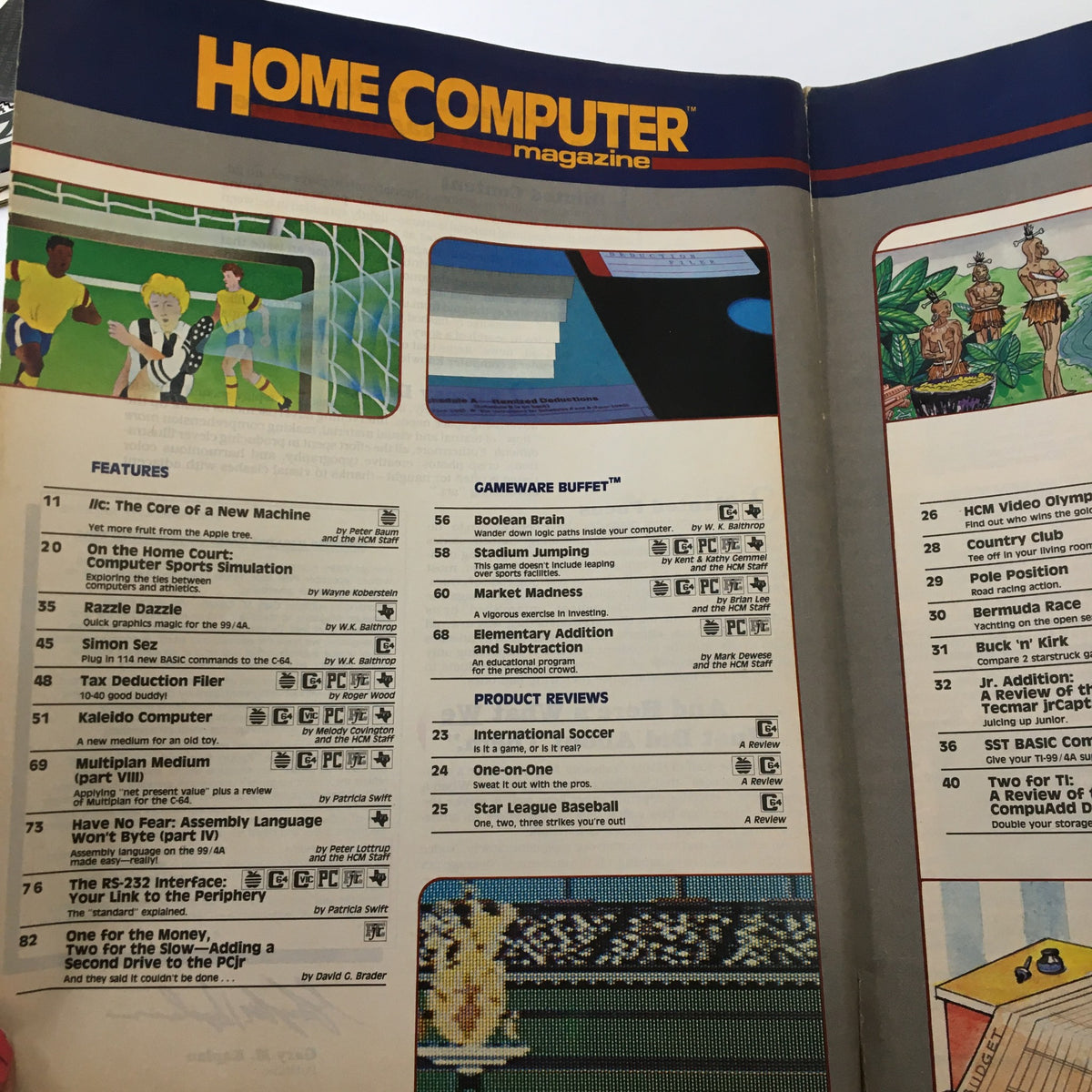 Home Computer Magazine Vol. 4 No. 4 featuring the contents page, highlighting features and product reviews related to early home computing.