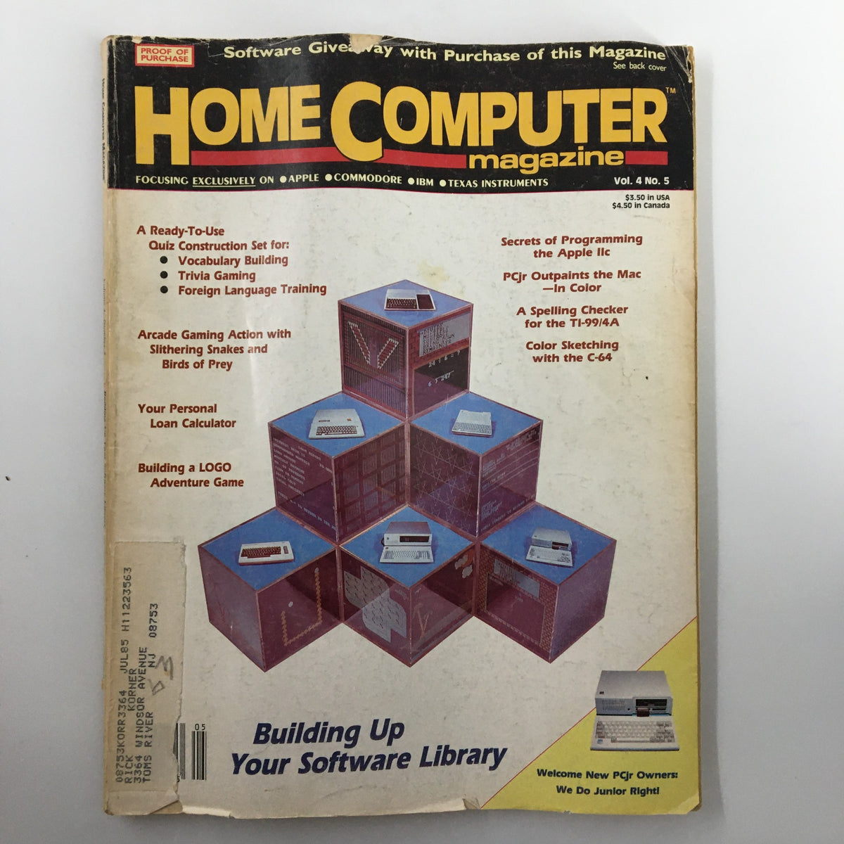 Vintage Home Computer Magazine Vol. 4 No. 5 cover featuring 'Building Up Your Software Library' with colorful graphics and featured topics on software development.
