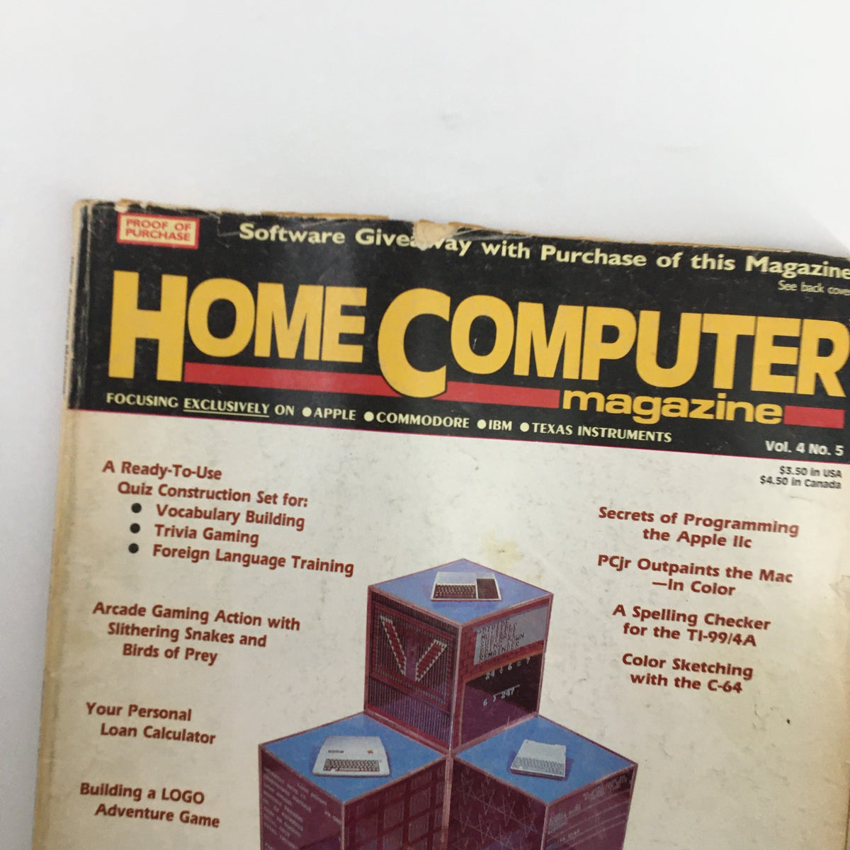 Close-up view of the cover of Vintage Home Computer Magazine Vol. 4 No. 5, highlighting 'Building Up Your Software Library' and sections on gaming and programming.