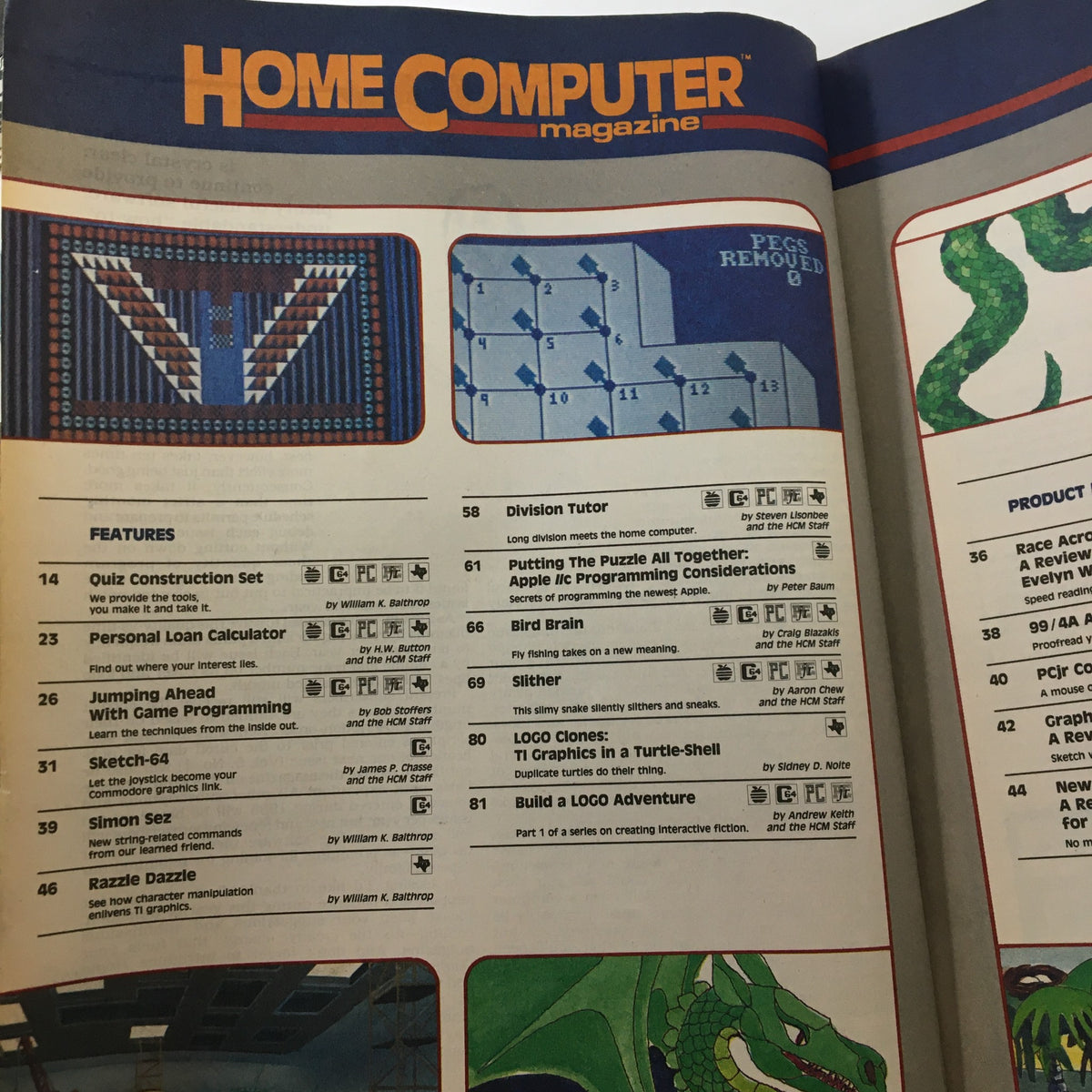 Interior page of Vintage Home Computer Magazine Vol. 4 No. 5 showcasing the table of contents with articles related to software libraries and gaming.