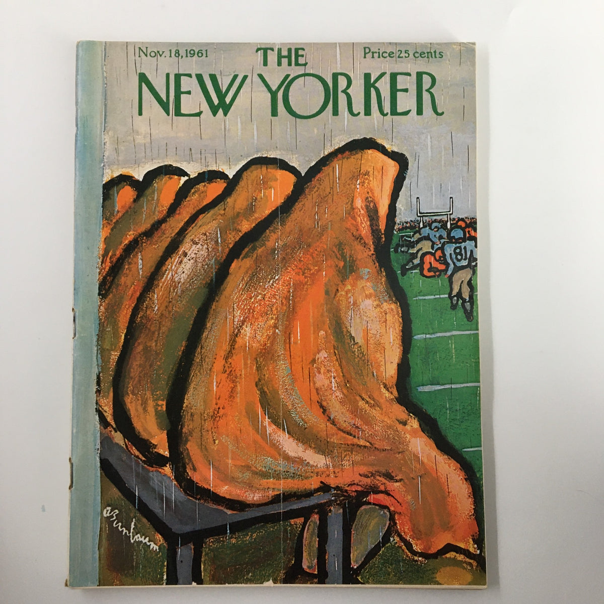 The New Yorker Full Magazine November 18 1961 cover featuring a vibrant painting of a football bench with players in the background, showcasing the artwork by Abe Burnbaum.