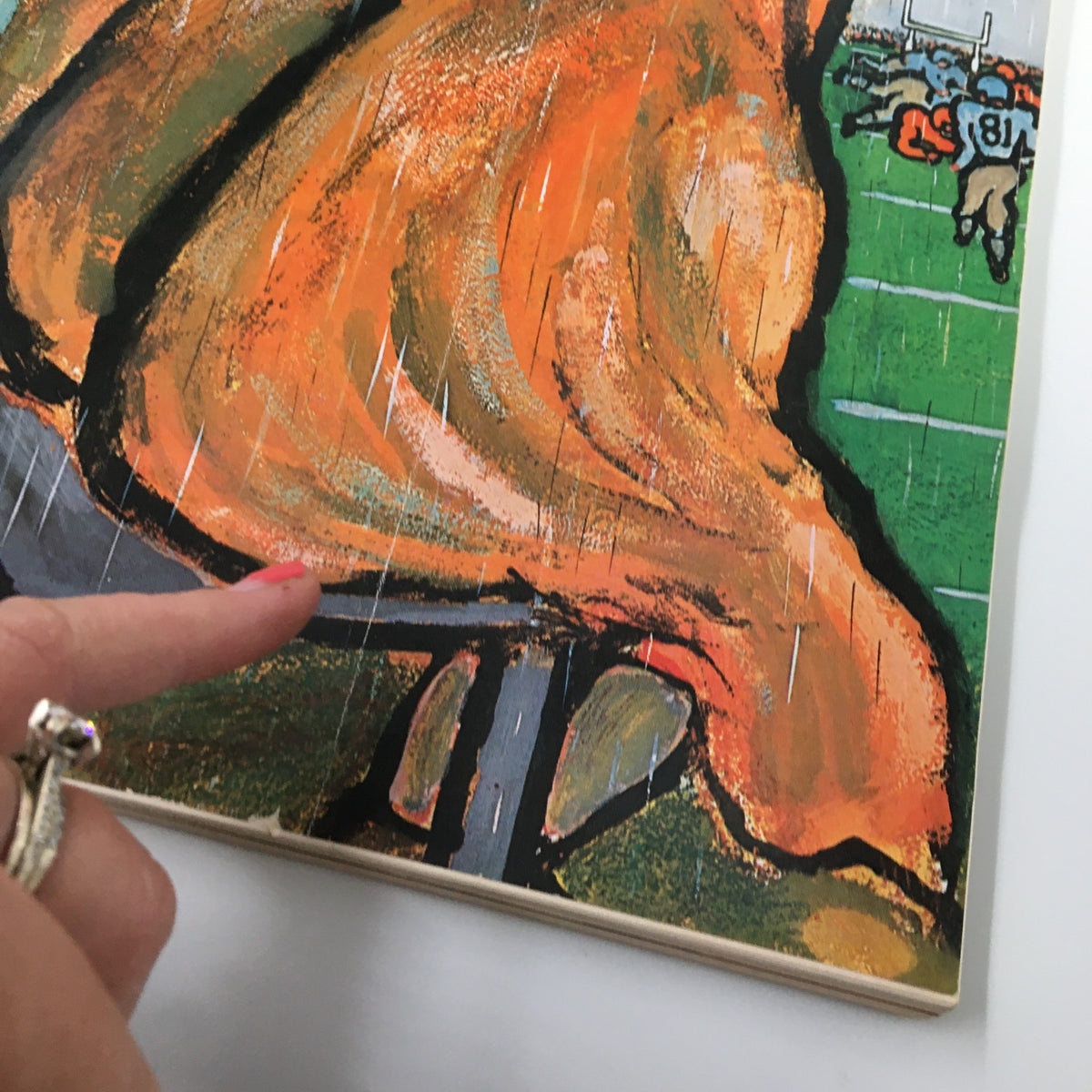 Close-up view of The New Yorker Full Magazine November 18 1961 cover, highlighting the vibrant colors of the football bench painting by Abe Burnbaum.