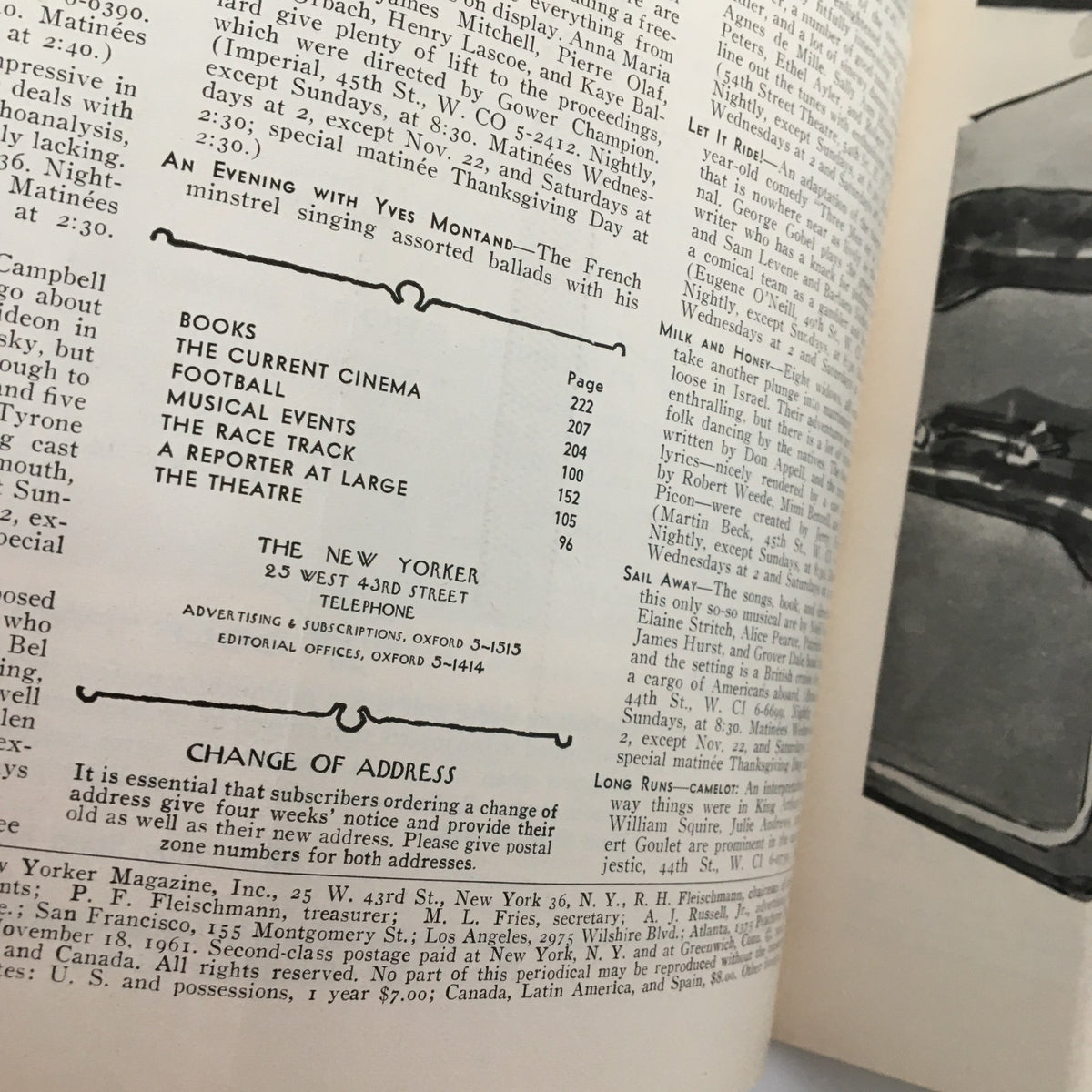 Interior page of The New Yorker Full Magazine November 18 1961 displaying table of contents and advertisements, reflecting the magazine's historical context.