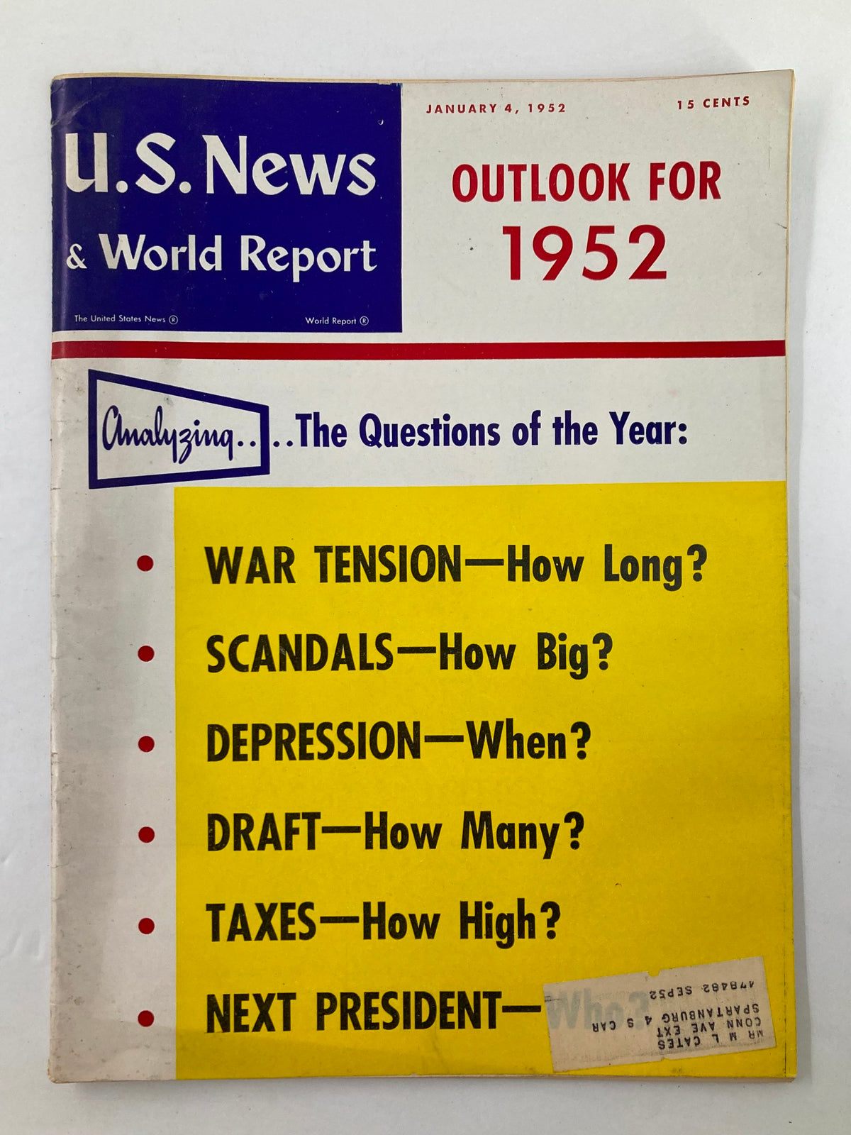 Cover of US News & World Report January 4, 1952, featuring key topics such as War Tension, Scandals, and Depression, with bold yellow headlines and an overview for the upcoming year.