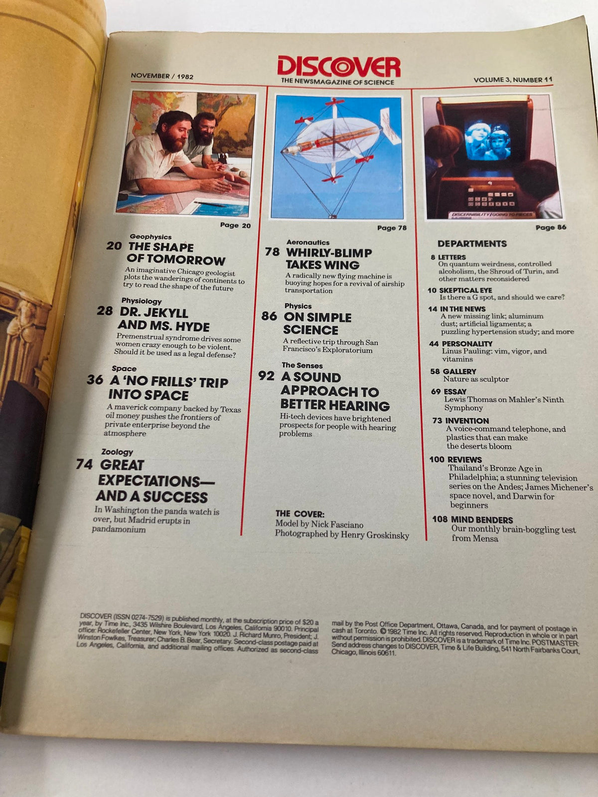 Interior page of Discover Magazine, November 1982, showcasing article titles including 'The Shape of Tomorrow', 'Dr. Jekyll and Ms. Hyde', and 'Whirly-Blimp Takes Wing'.